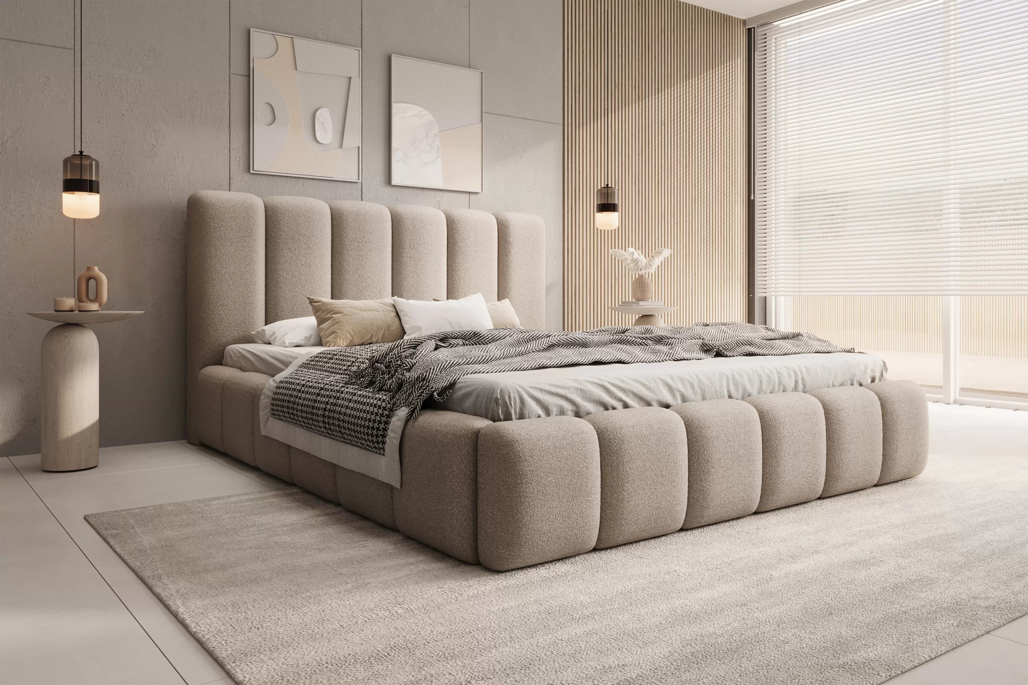 Čalouněná postel Aura 160x200 s úložným prostorem - tmavě béžová bouclé Quelle 05 Postel čalouněné Aura 160x200 s úložným prostorem- béžová bukla Quelle 05