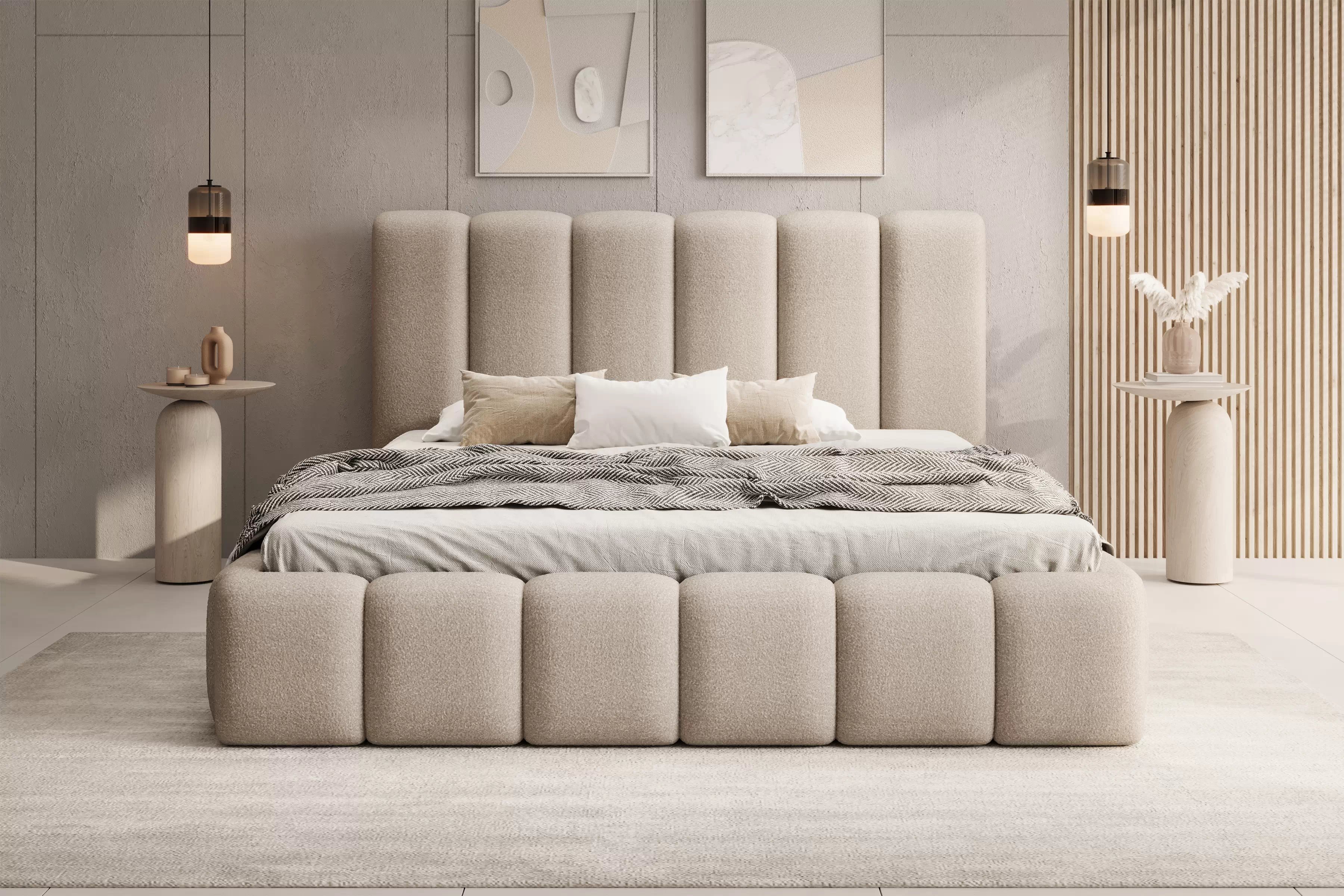Čalouněná postel Aura 160x200 s úložným prostorem - tmavě béžová bouclé Quelle 05 Postel čalouněné Aura 160x200 s úložným prostorem- béžová bukla Quelle 05