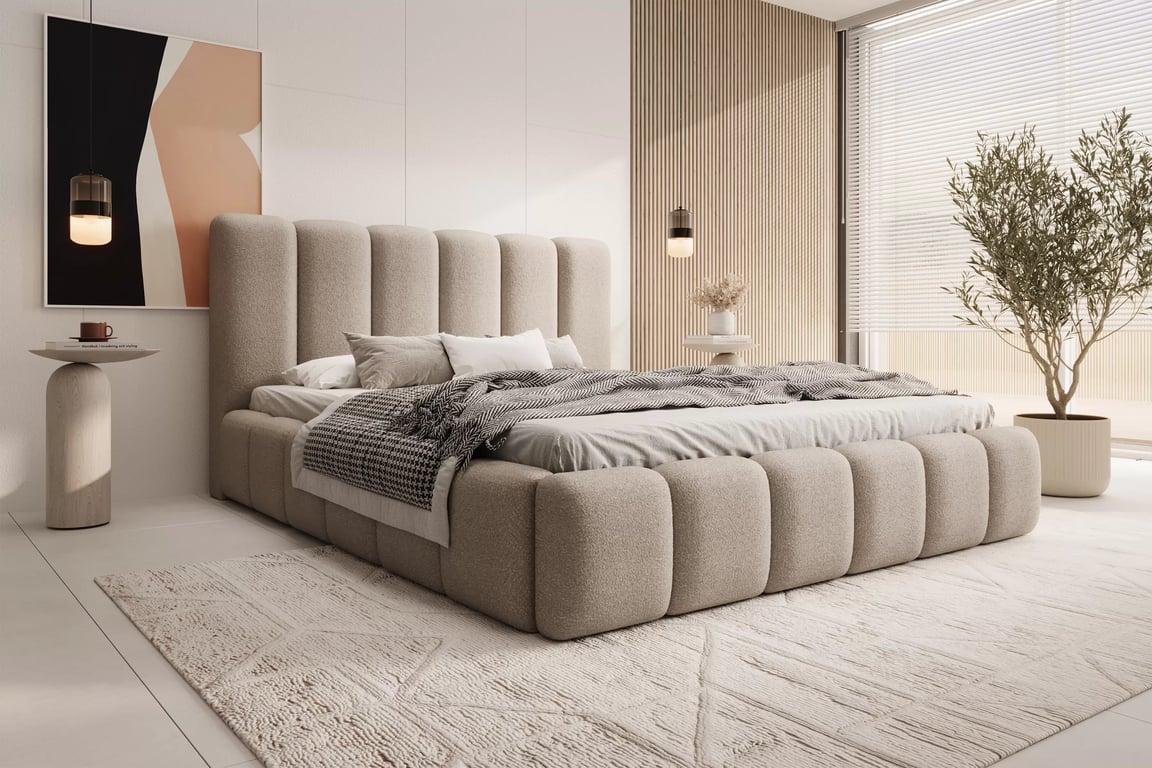 Čalouněná postel Aura 160x200 s úložným prostorem - béžová buklé Quelle 05 Postel čalouněné Aura 160x200 s úložným prostorem- béžová bukla Quelle 05