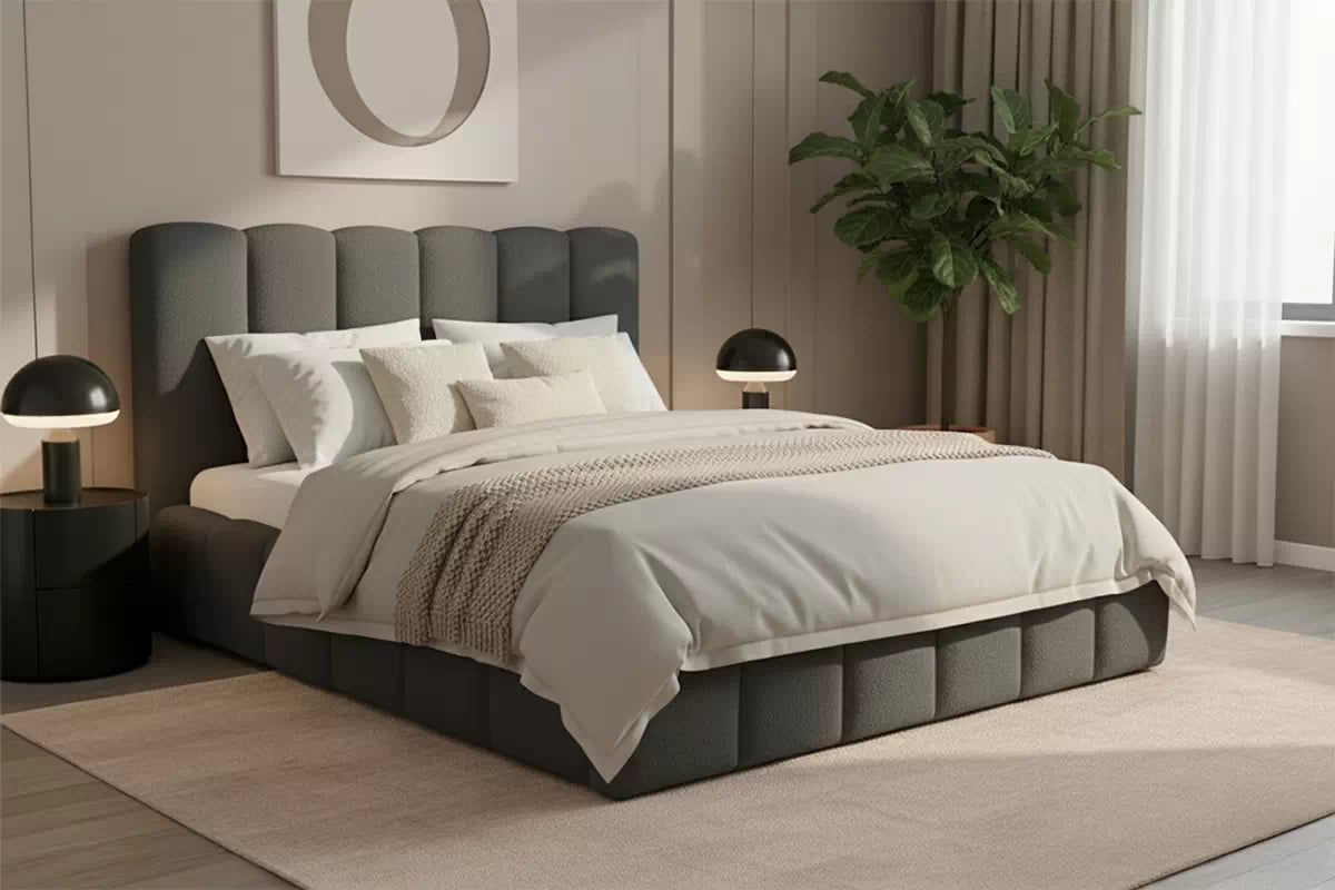 Manželská posteľ Aura 160x200 s úložným priestorom - tmavosivé buklé Quelle 92 Posteľ čalúnená Aura 160x200 S vnútorným úložným priestorom- ciemno šedá bukla Quelle 92