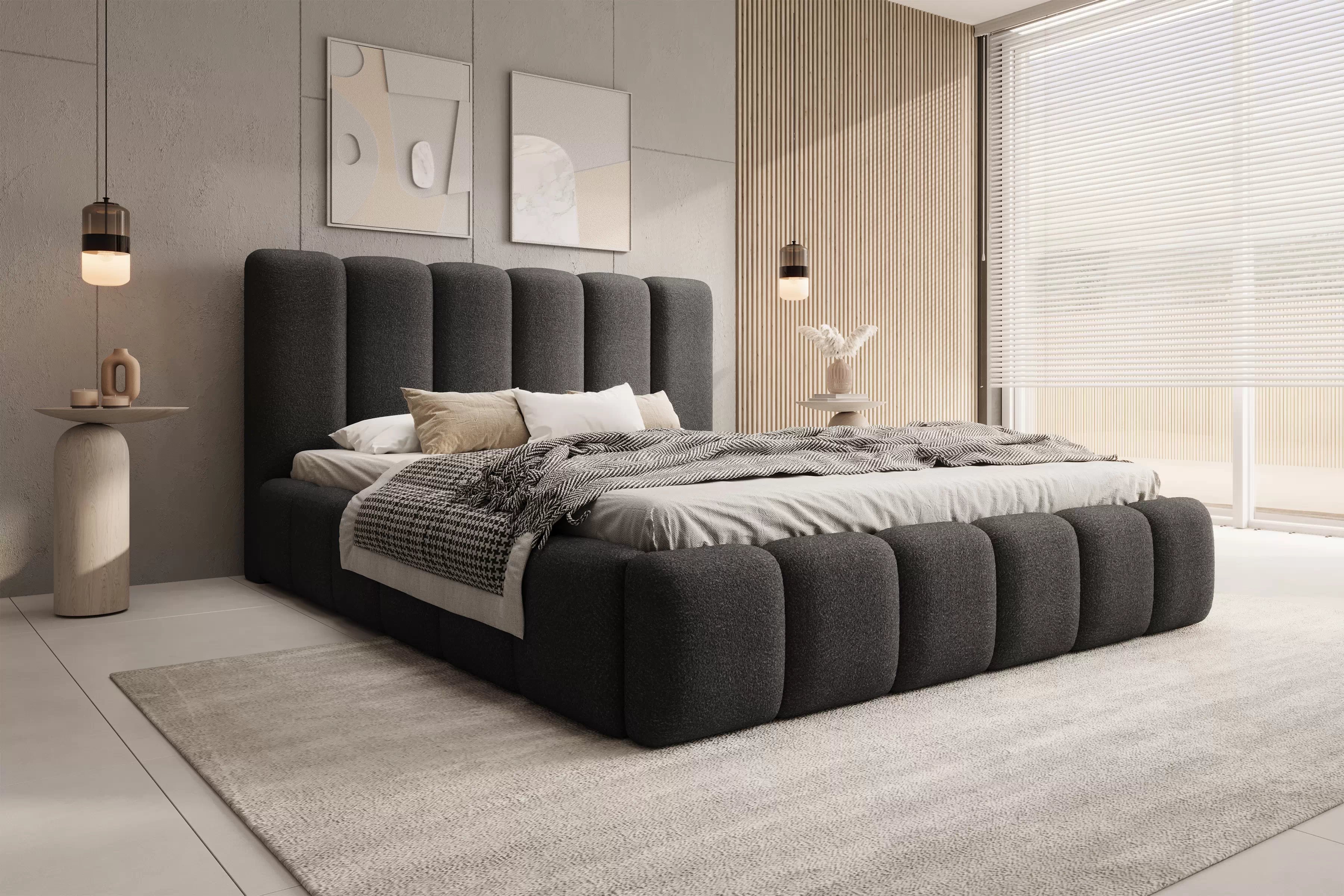 Čalouněná postel Aura 180x200 s úložným prostorem - tmavě šedá buklé Quelle 92 Postel čalouněné Aura 180x200 s úložným prostorem- ciemno šedá bukla Quelle 92 