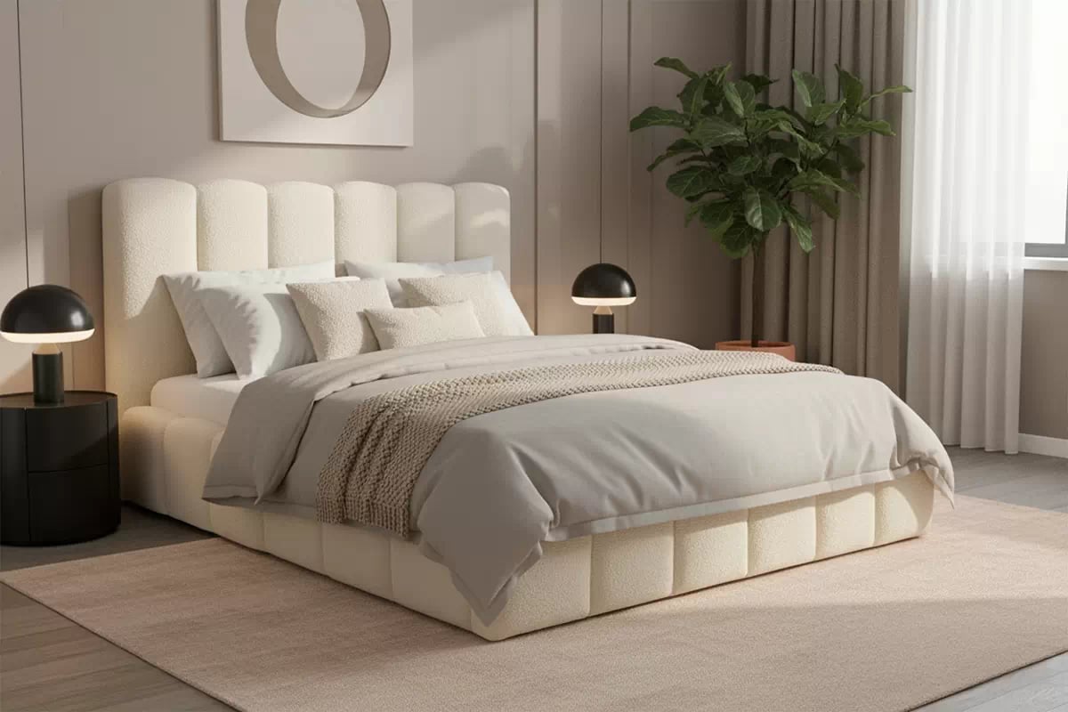 Manželská posteľ Aura s úložným priestorom 180x200 cm - svetlobéžové buklé Quelle 02 Posteľ čalúnená Aura 180x200 S vnútorným úložným priestorom- svetlý Béžová bukla Quelle 02 