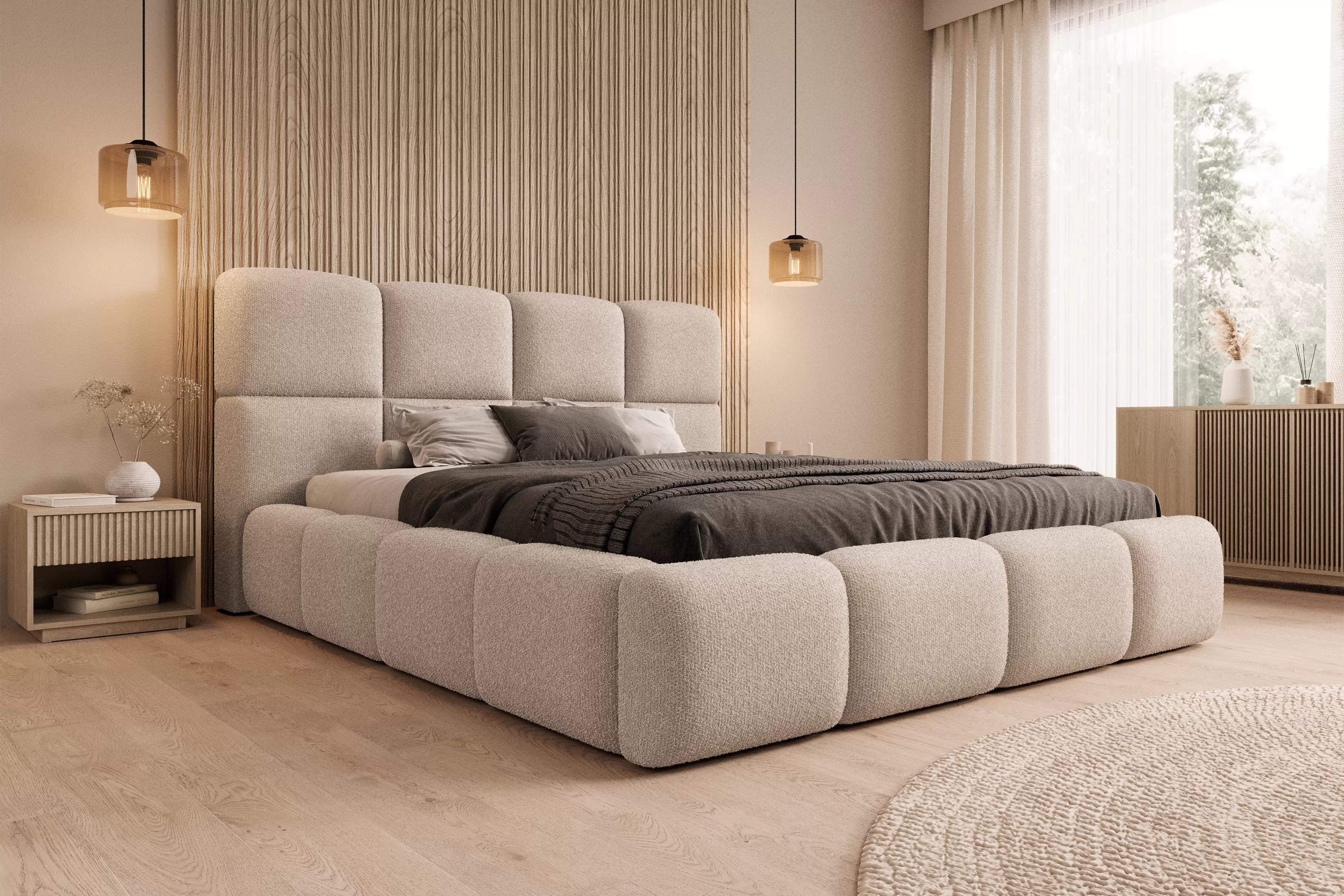 Čalúnená posteľ Cloud 160x200 s úložným priestorom - béžová bouclé Quelle 03 Posteľ čalúnená Cloud 160x200 S vnútorným úložným priestorom- Béžová bukla Quelle 03