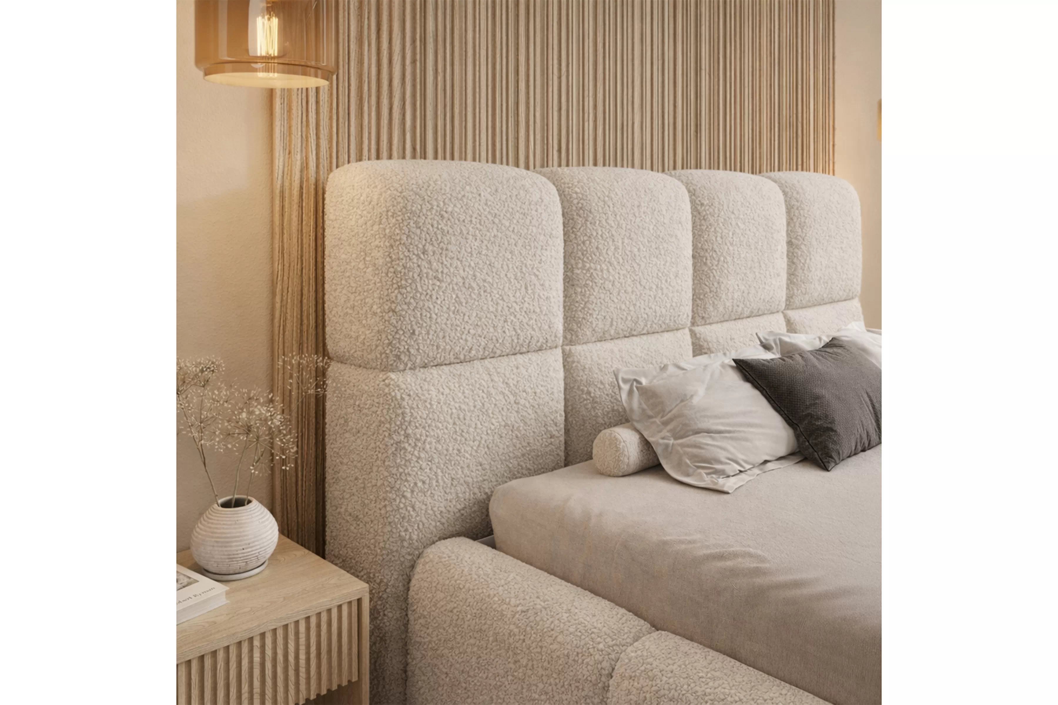 Čalúnená posteľ Cloud 160x200 s úložným priestorom - béžová bouclé Quelle 03 Posteľ čalúnená Cloud 160x200 S vnútorným úložným priestorom- Béžová bukla Quelle 03