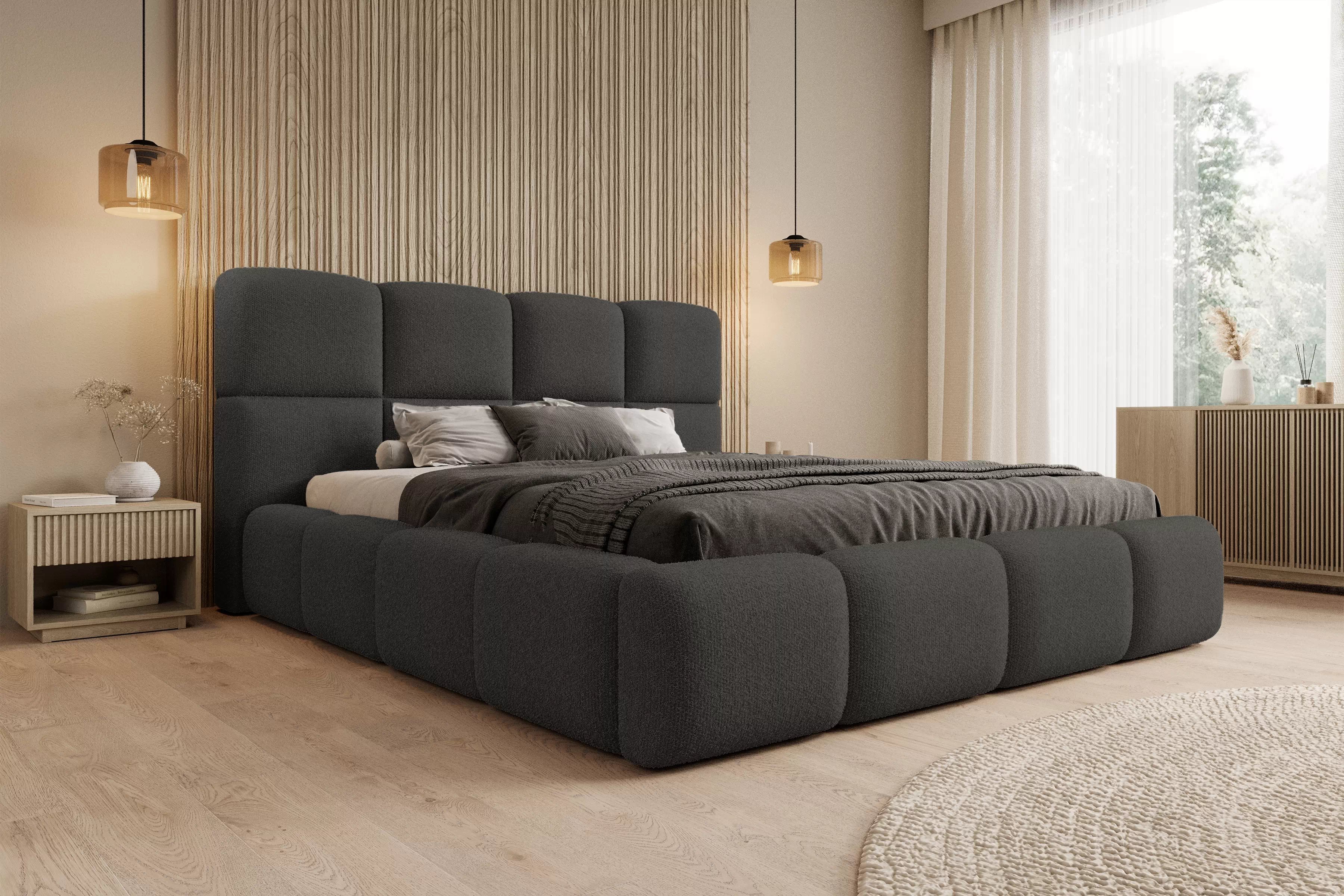 Manželská posteľ Cloud 160x200 s úložným priestorom - tmavosivé buklé Quelle 92 Posteľ čalúnená Cloud 160x200 S vnútorným úložným priestorom- ciemno šedá bukla Quelle 92