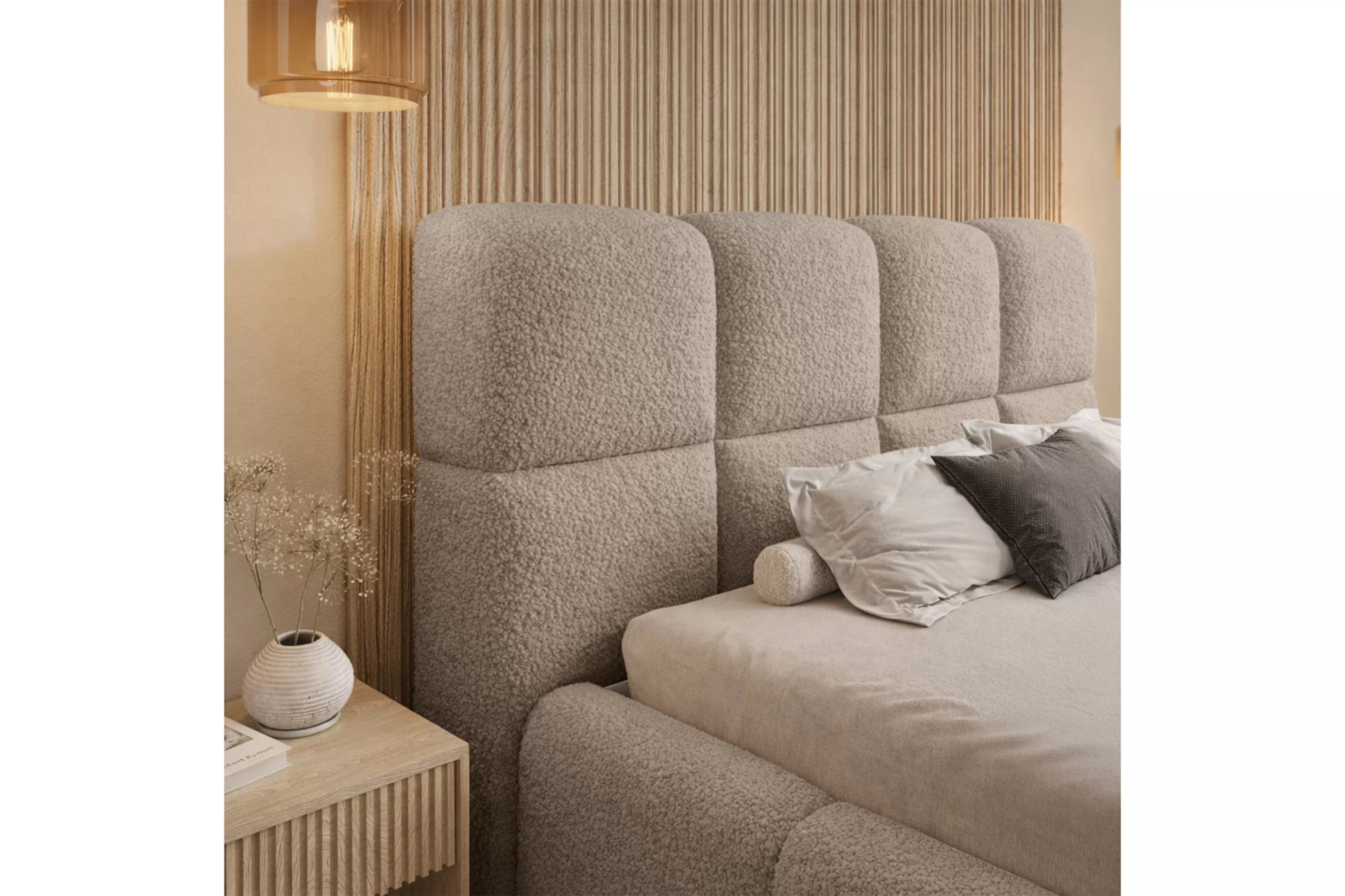 Čalúnená posteľ Cloud 180x200 s úložným priestorom - tmavobéžová buklé Quelle 05 Posteľ čalúnená Cloud 180x200 S vnútorným úložným priestorom- ciemno Béžová bukla Quelle 05