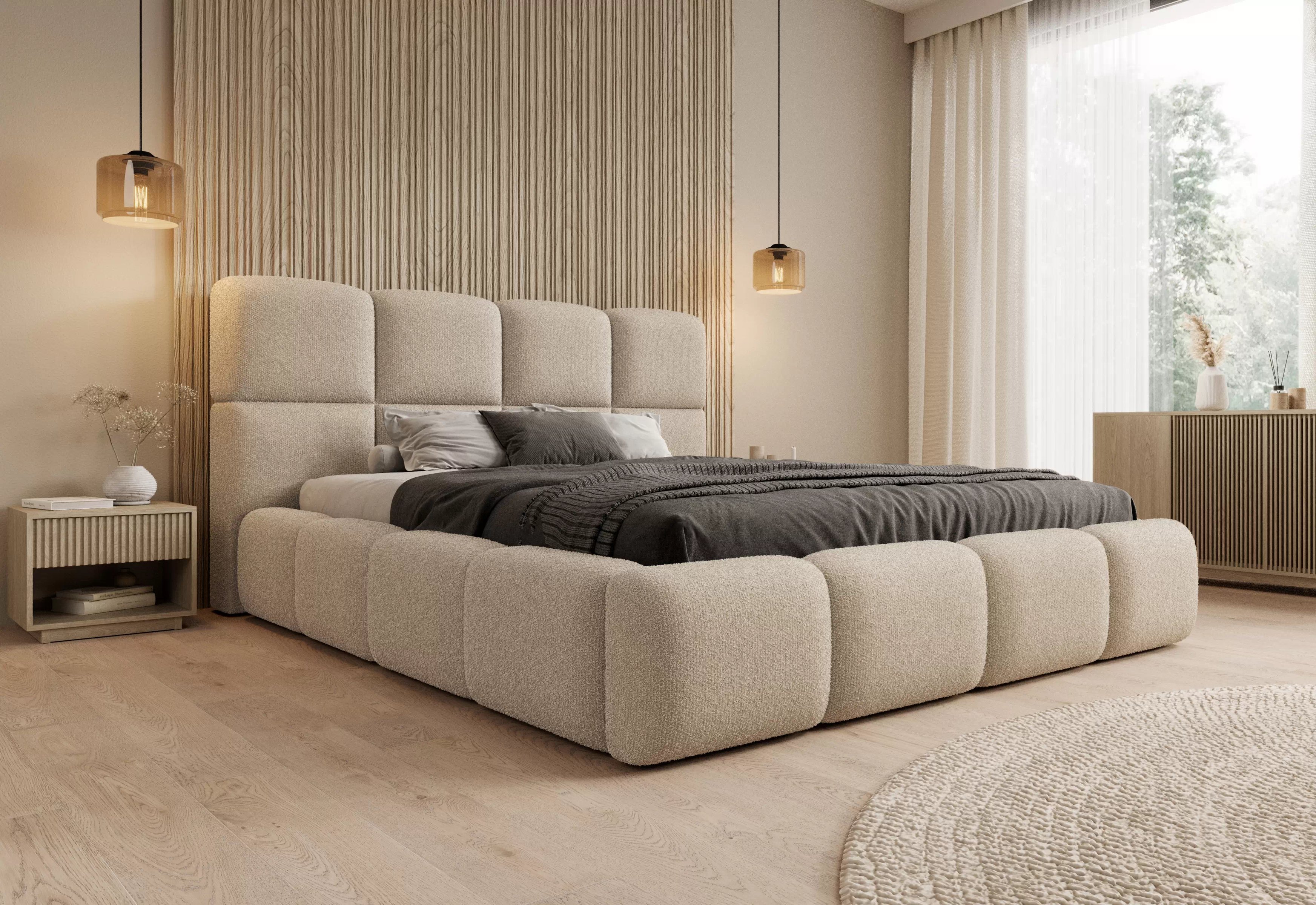 Manželská posteľ Cloud 180x200 s úložným priestorom - svetlobéžové buklé Quelle 02 Posteľ čalúnená Cloud 180x200 S vnútorným úložným priestorom- svetlý Béžová bukla Quelle 02 