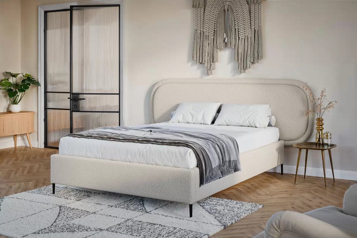 Čalouněná postel Delmi 160x200 - světle béžová boucle Lambi 8 / černé nohy Postel čalouněné Delmi 160x200 - světlý béžová boucle Lambi 8 / Nohy černá