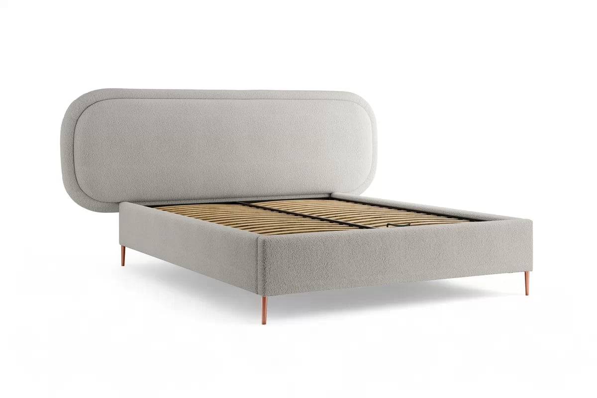 Čalouněná postel Delmi 180x200 s roštem - popelavá boucle Lambi 11 / měděné nohy Postel čalouněné Delmi 180x200 ze stelazem - světlý béžová boucle Lambi 8 / Nohy miedziane 