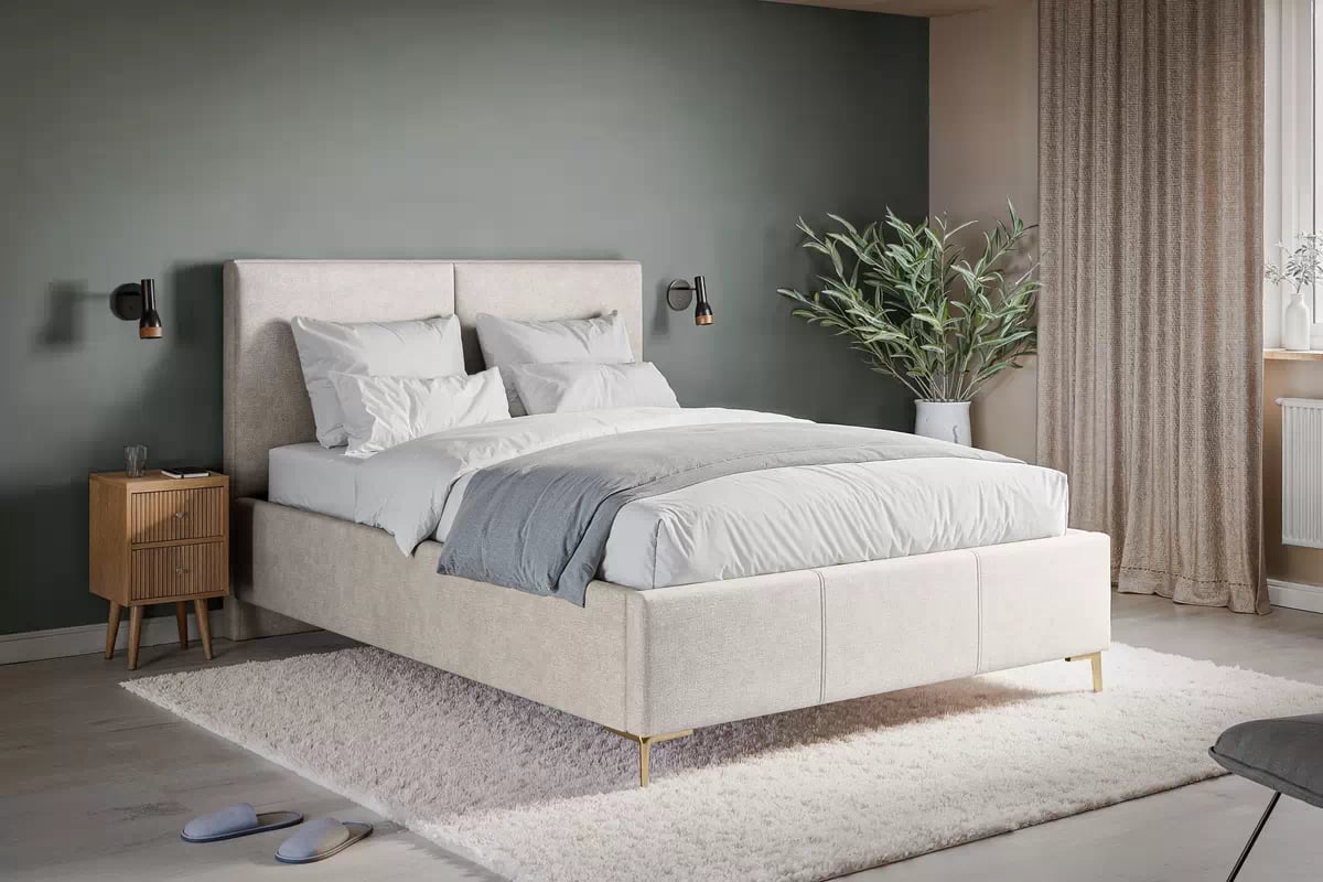 Čalúnená posteľ Lektis 160x200 - béžová látka Maya 03 / zlaté kovové nožičky Posteľ čalouněné Lektis 160x200 - Béžová látka ľahkočistiaca Maya 03 / nožičky kovové zlote