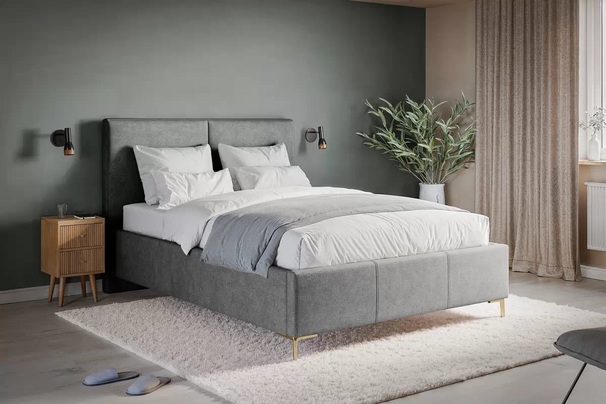 Čalúnená posteľ Lektis 180x200 - sivá látka Maya 18 / zlaté kovové nožičky Posteľ čalouněné Lektis 180x200 - šedá látka ľahkočistiaca Maya 18 / nožičky kovové zlote