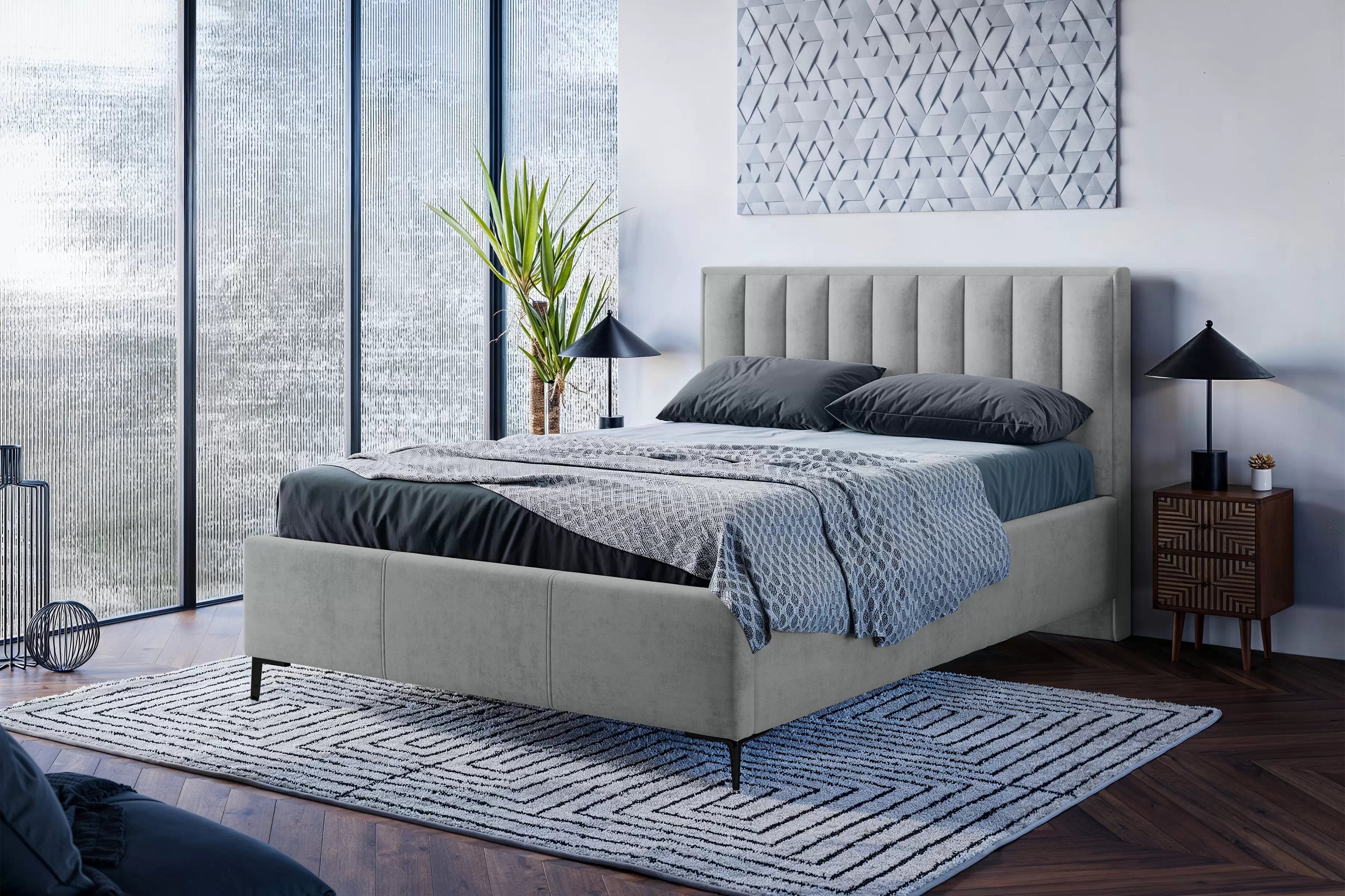 Čalouněná postel Misel 140x200 s roštem a úložným prostorem - šedý samet Magic Velvet 2240 / černé nohy Postel čalouněné Misel 140x200 ze stelazem a úložným prostorem - šedá samet Magic Velvet 2240 / Nohy černá 