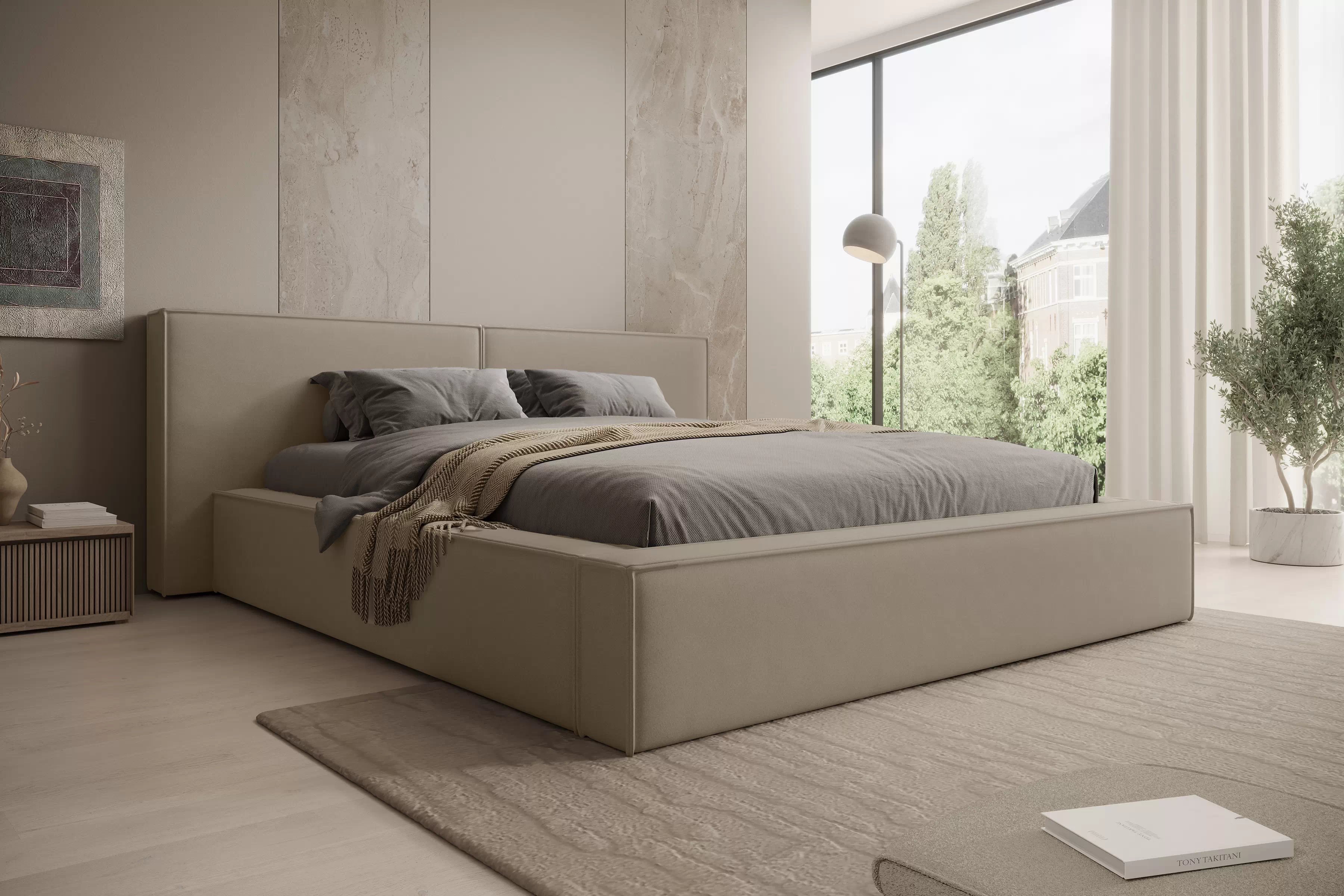 Manželská posteľ Molino 160x200 s úložným priestorom - béžový zamat Castel 15 Posteľ čalúnená Molino 160x200 S vnútorným úložným priestorom- béžový velúr Castel 15