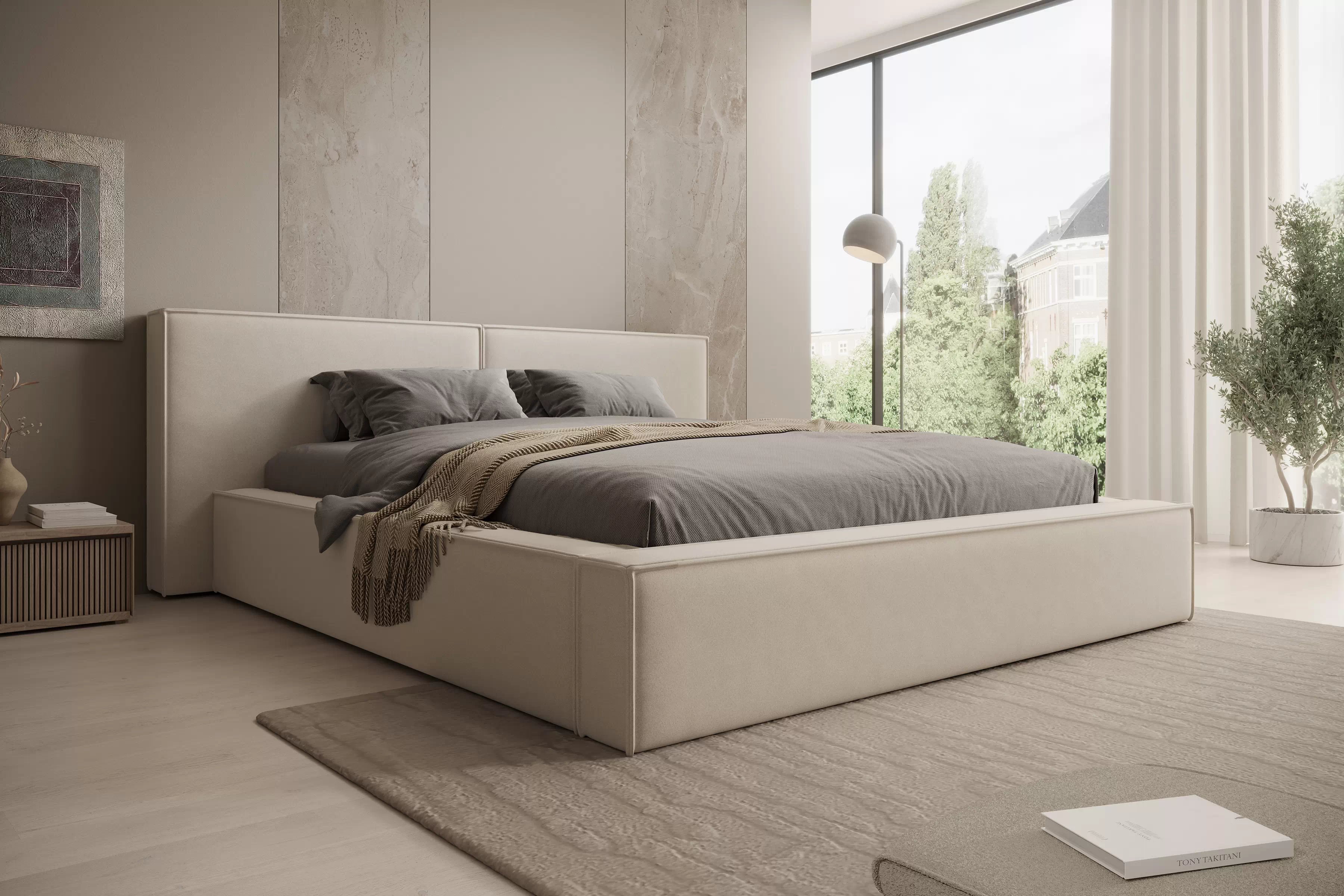 Manželská posteľ Molino 180x200 s úložným priestorom - svetlobéžový zamat Castel 03 Posteľ čalúnená Molino 180x200 S vnútorným úložným priestorom- jasnobezowy velúr Castel 03 