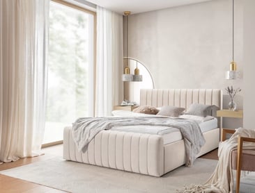 Čalúnená posteľ Nicole 180x200 s úložným priestorom - béžový hydrofóbny zamat Salvador 1 Posteľ čalúnená Nicole 180x200 S vnútorným úložným priestorom- béžový zamat hydrofobowy Salvador 1 