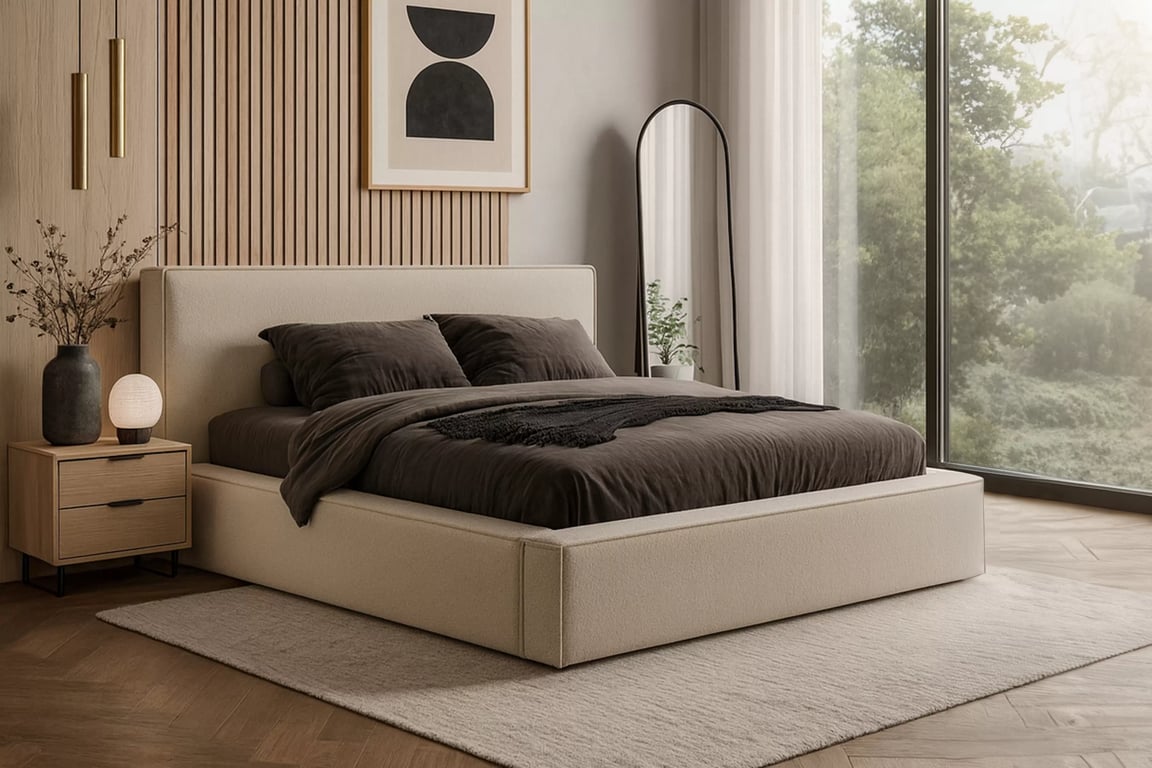 Čalouněná postel Nirello 160x200 s úložným prostorem - béžová bouclé Quelle 05 Postel čalouněné Nirello 160x200 s úložným prostorem- béžová bukla Quelle 05
