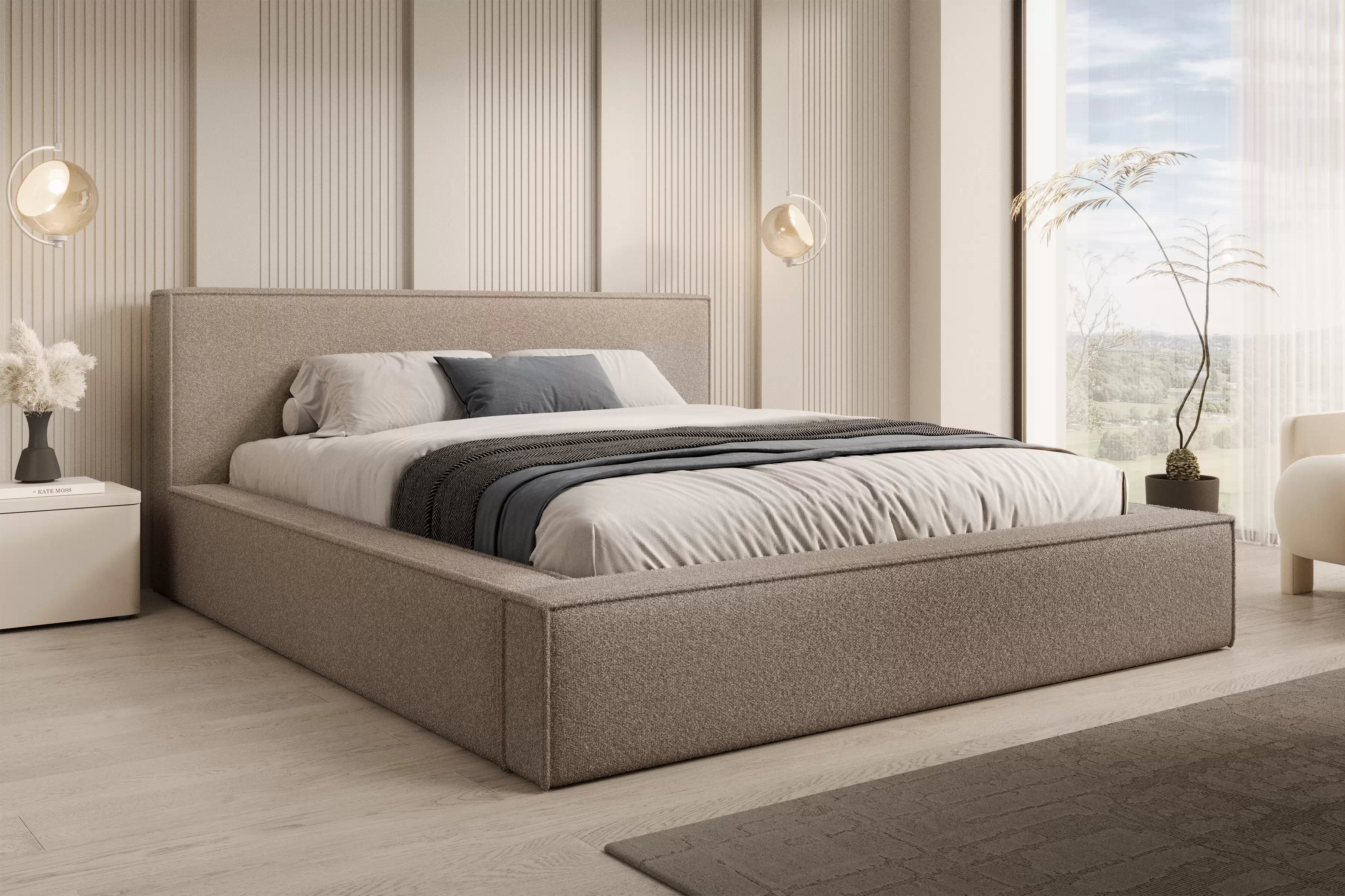 Čalúnená posteľ Nirello 160x200 s úložným priestorom - tmavobéžová buklé Quelle 05 Posteľ čalúnená Nirello 160x200 S vnútorným úložným priestorom- ciemno Béžová bukla Quelle 05