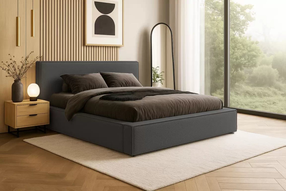 Čalouněná postel Nirello 160x200 s úložným prostorem - tmavě šedá bouclé Quelle 92 Postel čalouněné Nirello 160x200 s úložným prostorem- tmavě šedá bukla Quelle 92