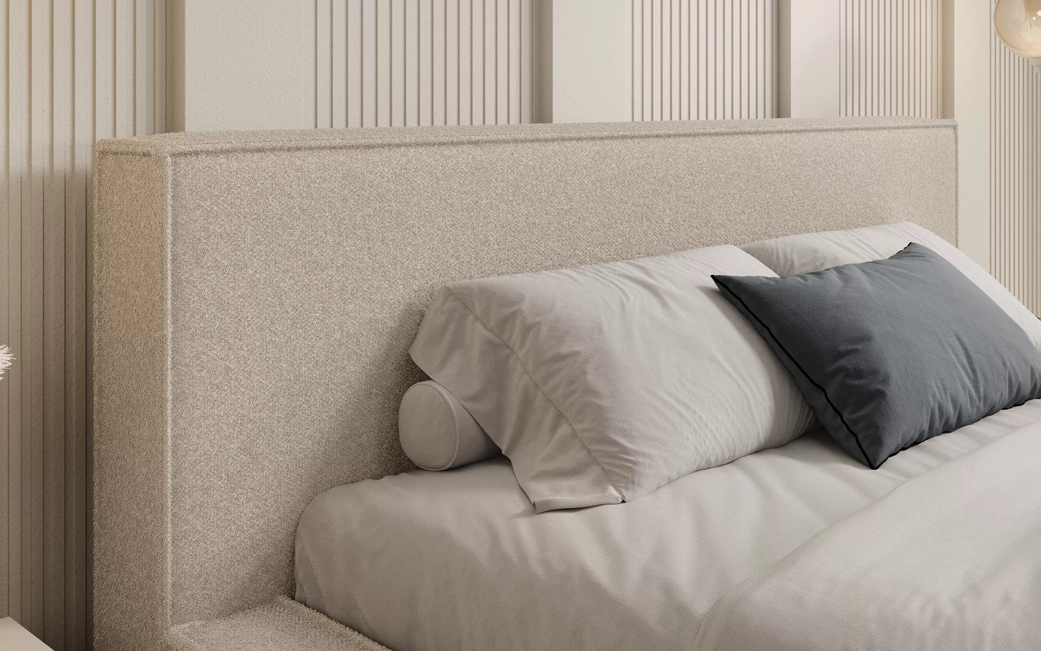 Manželská posteľ Nirello 160x200 s úložným priestorom - svetlobéžové buklé Quelle 02  Posteľ čalúnená Nirello 160x200 S vnútorným úložným priestorom- svetlý Béžová bukla Quelle 02 