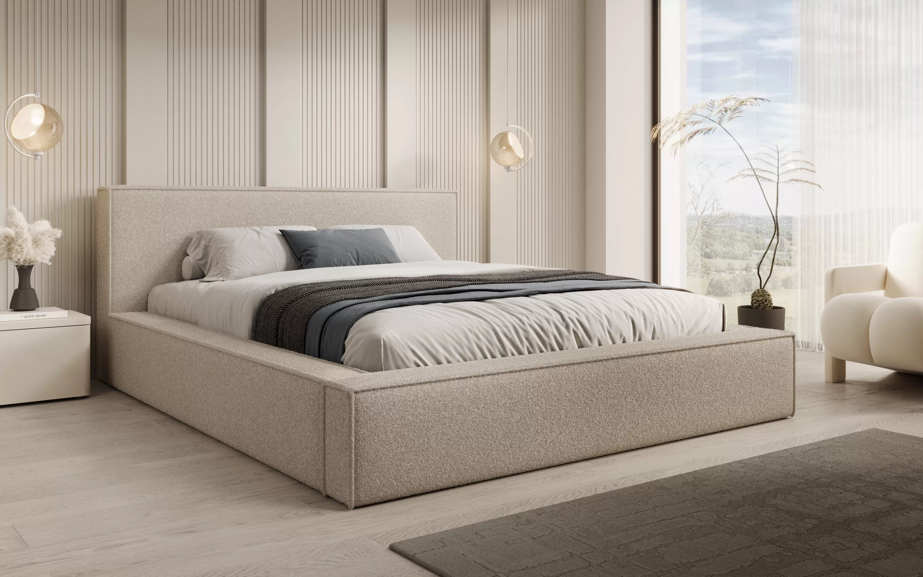 Manželská posteľ Nirello 160x200 s úložným priestorom - svetlobéžové buklé Quelle 02  Posteľ čalúnená Nirello 160x200 S vnútorným úložným priestorom- svetlý Béžová bukla Quelle 02 