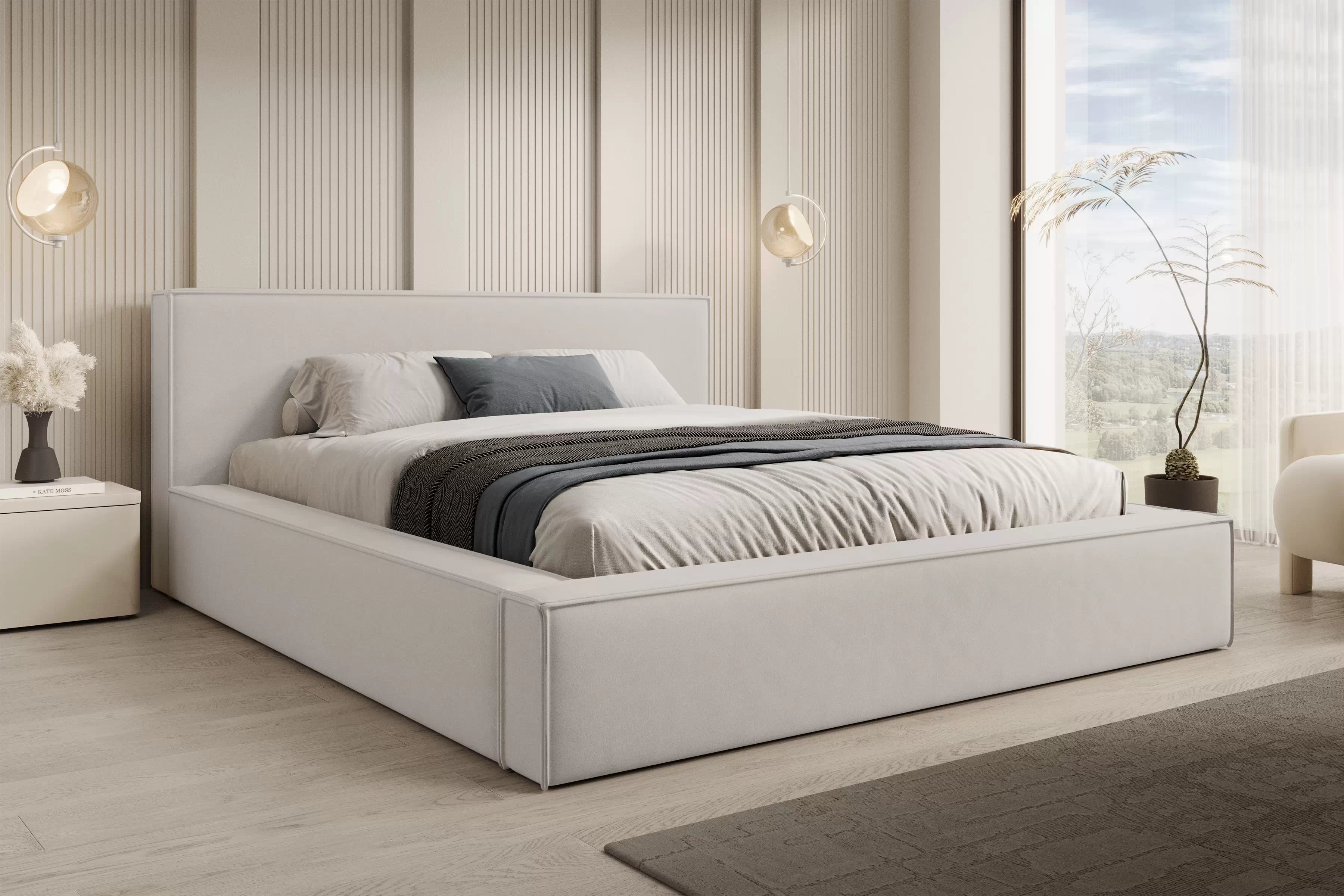 Manželská posteľ Nirello 160x200 s úložným priestorom - svetlobéžový zamat Castel 03 Posteľ čalúnená Nirello 160x200 S vnútorným úložným priestorom- svetlý Béžová velúr Castel 03