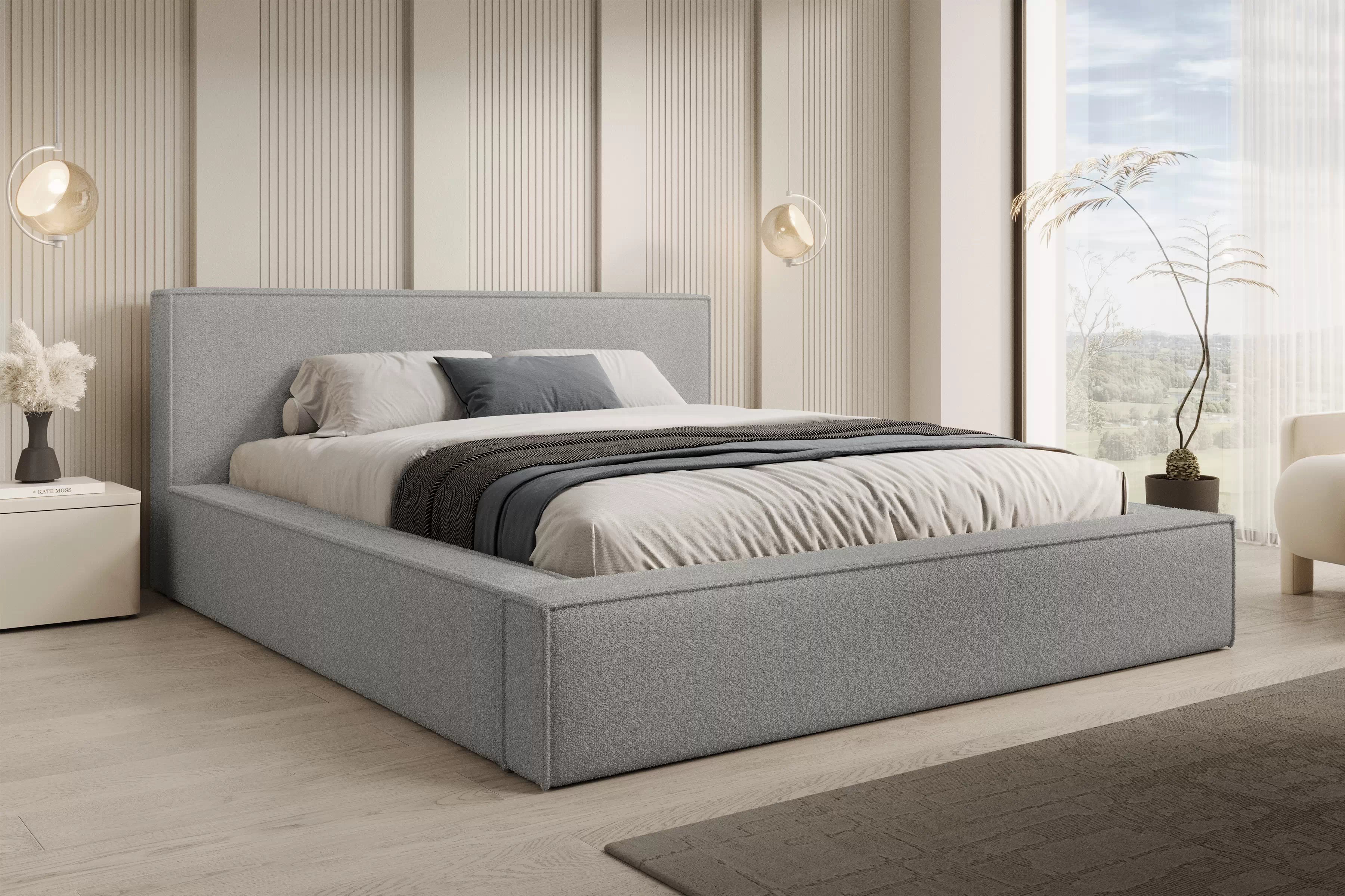 Manželská posteľ Nirello 160x200 s úložným priestorom - sivé buklé Quelle 83 Posteľ čalúnená Nirello 160x200 S vnútorným úložným priestorom- šedá bukla Quelle 83