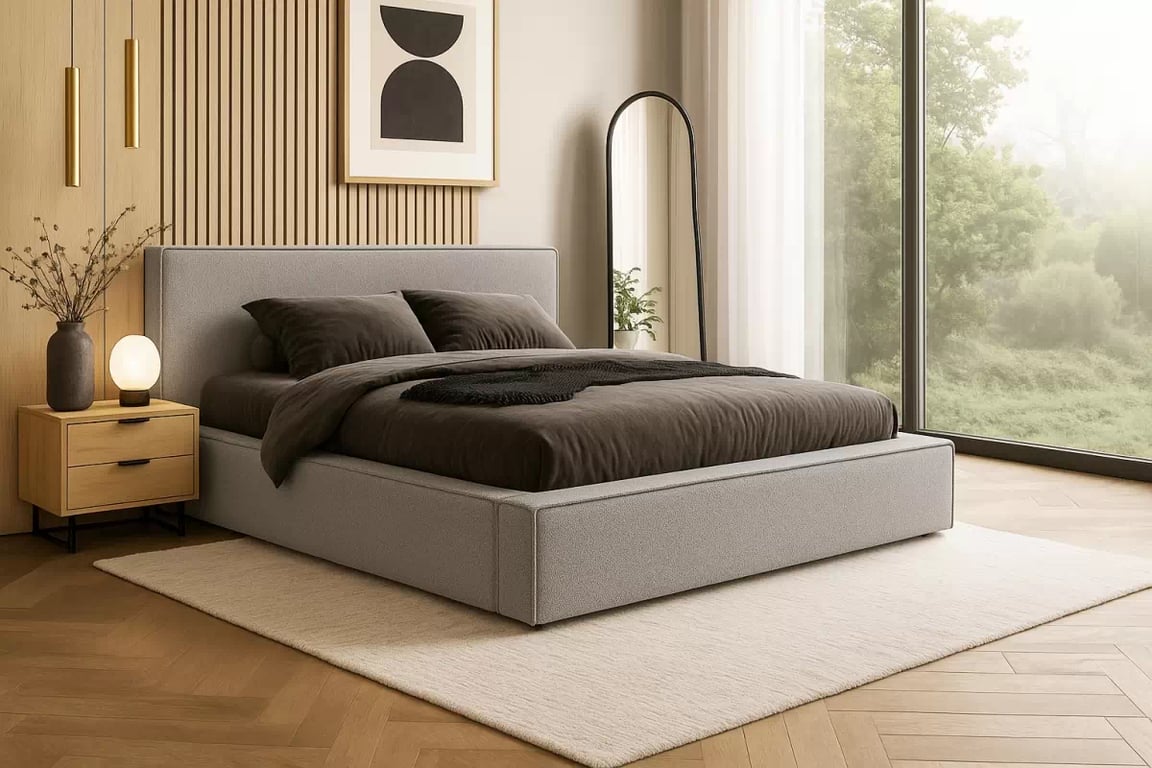 Čalouněná postel Nirello 160x200 s úložným prostorem - šedá bouclé Quelle 83 Postel čalouněné Nirello 160x200 s úložným prostorem- šedá bukla Quelle 83