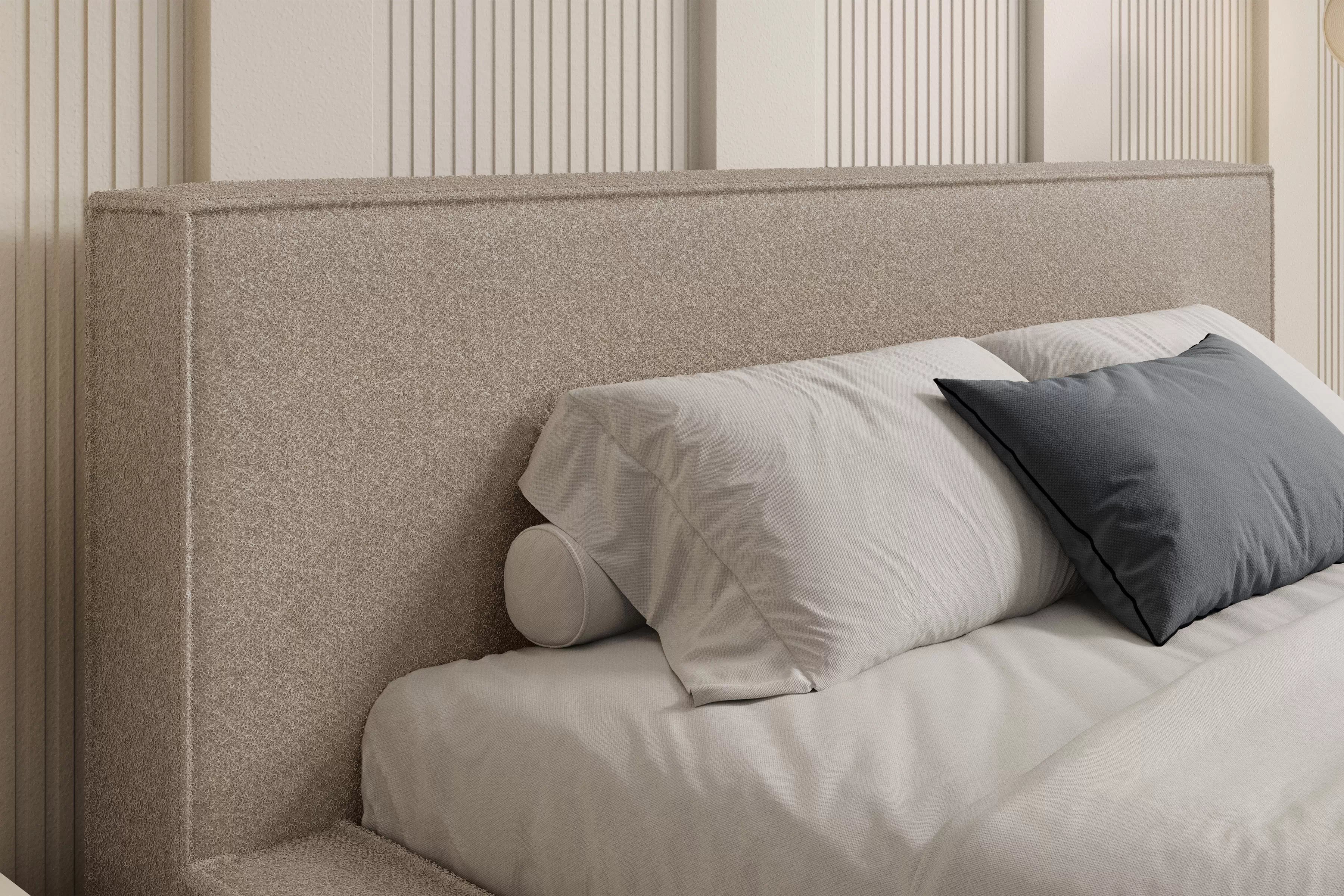 Čalúnená posteľ Nirello 180x200 s úložným priestorom - tmavobéžová buklé Quelle 05 Posteľ čalúnená Nirello 180x200 S vnútorným úložným priestorom- ciemno Béžová bukla Quelle 05