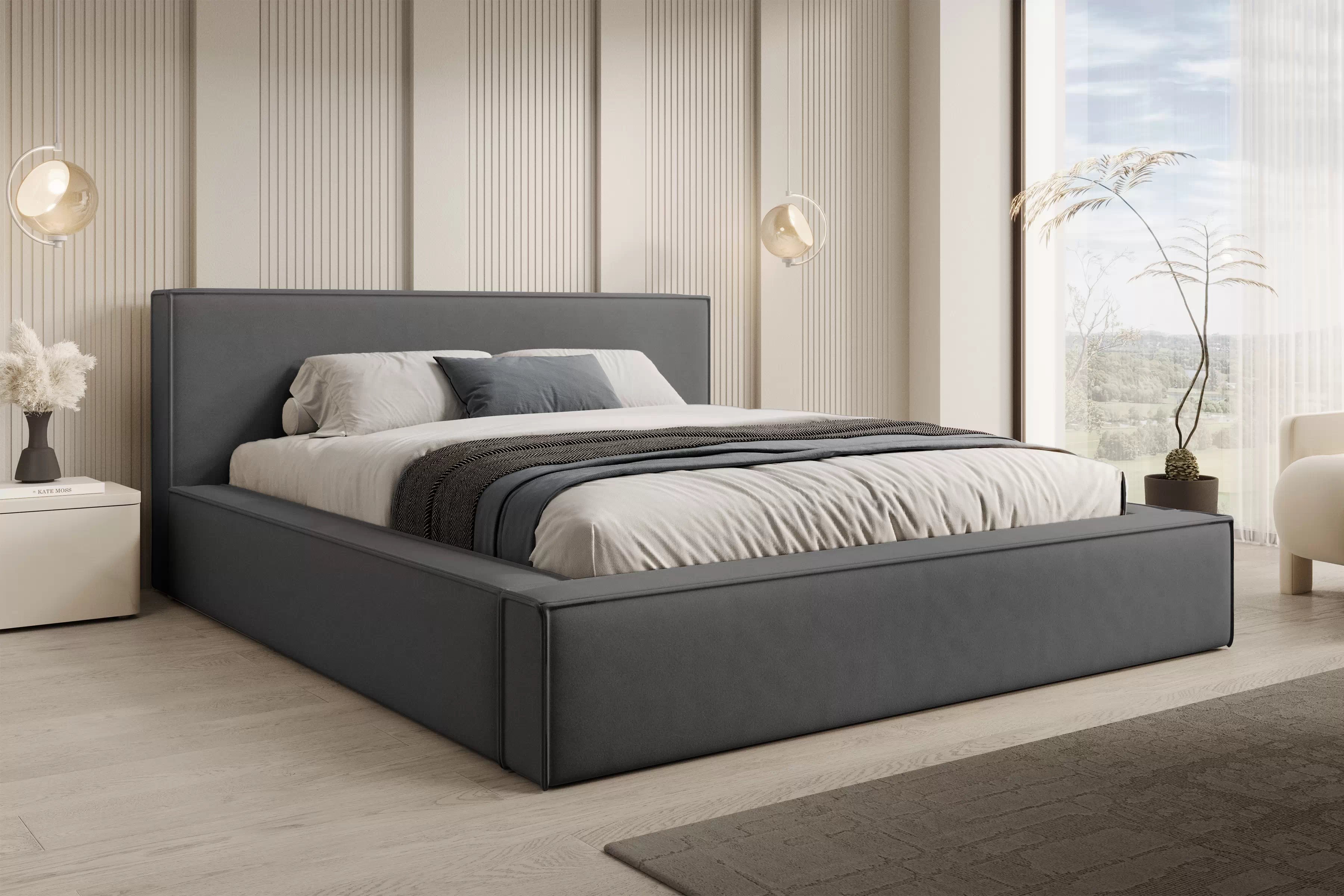 Manželská posteľ Nirello 180x200 s úložným priestorom - tmavosivý zamat Castel 93 Posteľ čalúnená Nirello 180x200 S vnútorným úložným priestorom- Tmavý šedý velúr Castel 93