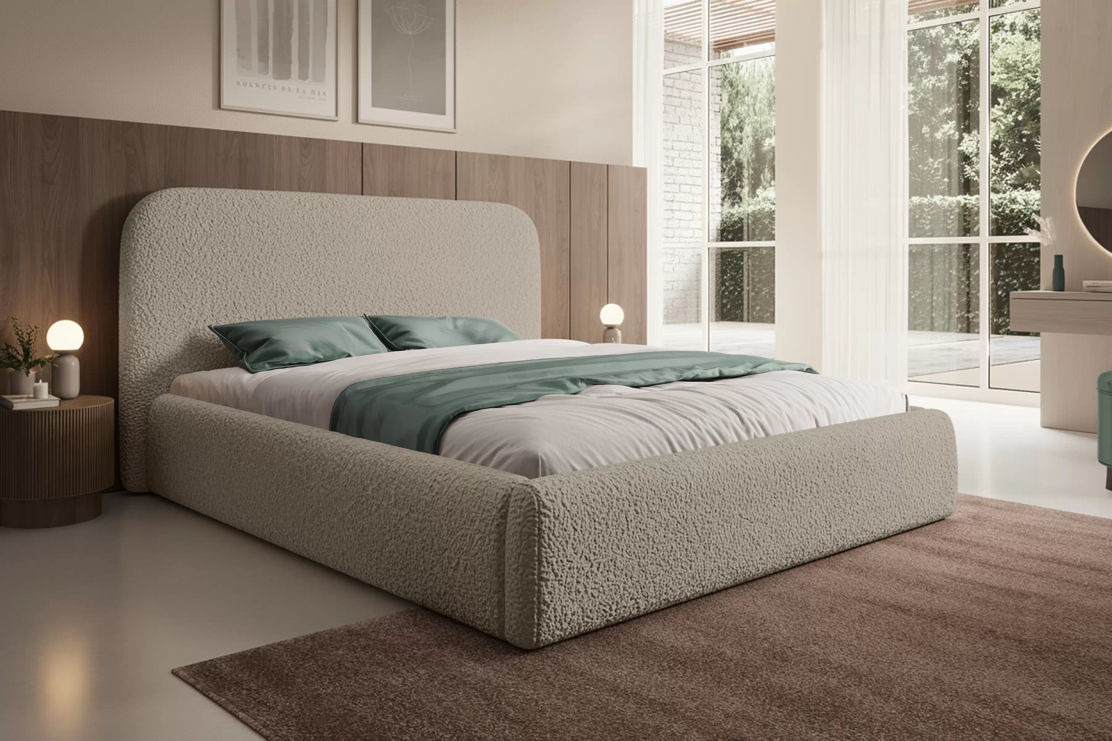 Čalouněná postel Rasel 180x200 s úložným prostorem - tmavě béžová bouclé Quelle 05 Postel čalouněné Rasel 180x200 s úložným prostorem- béžová bukla Quelle 05