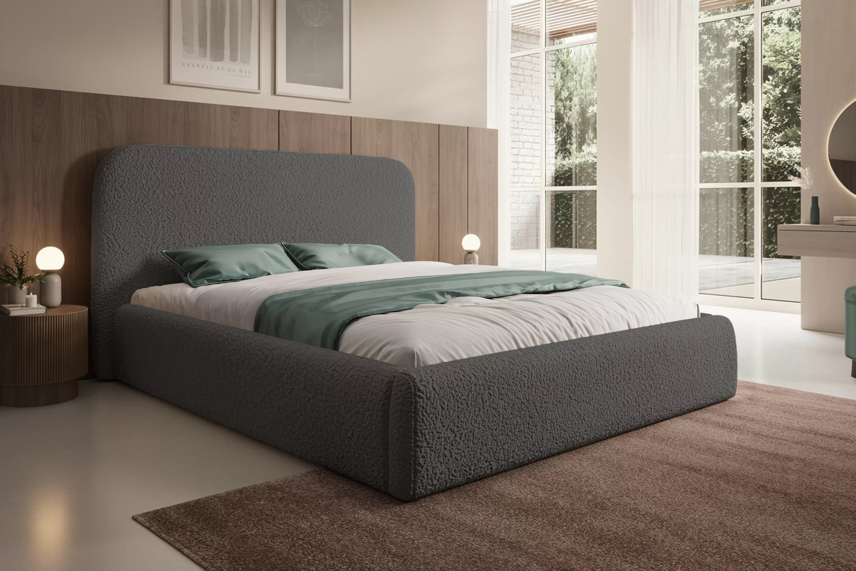 Manželská posteľ Rasel 180x200 s úložným priestorom - tmavosivé buklé Quelle 92 Posteľ čalúnená Rasel 180x200 S vnútorným úložným priestorom- Tmavý šedý bukla Quelle 92