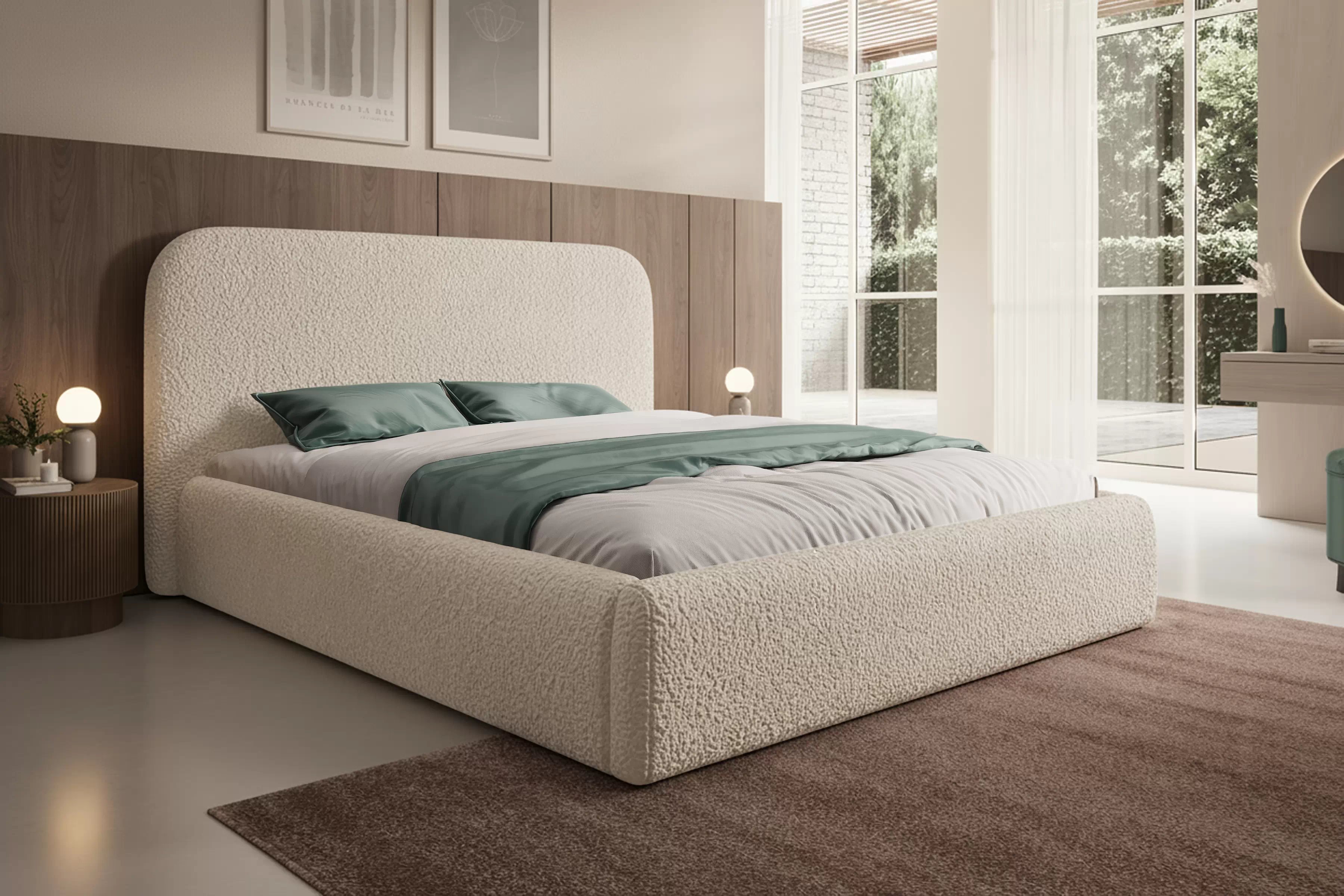 Manželská posteľ Rasel 180x200 s úložným priestorom - svetlobéžové buklé Quelle 02 Posteľ čalúnená Rasel 180x200 S vnútorným úložným priestorom- svetlý Béžová bukla Quelle 02 