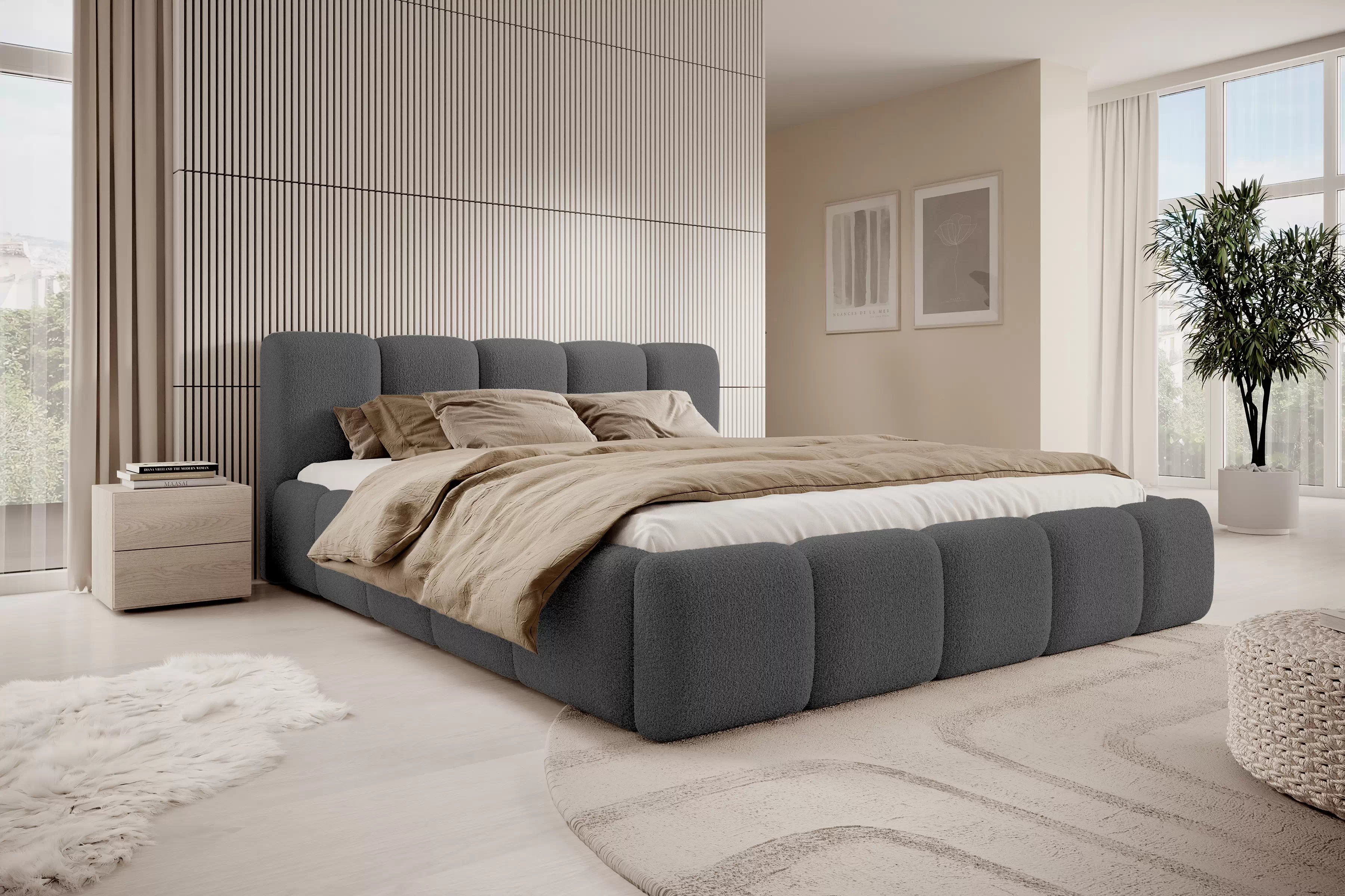 Čalouněná postel Tesia 160x200 s úložným prostorem - tmavě šedá bouclé Quelle 92 Postel čalouněné Tesia 160x200 s úložným prostorem- tmavě šedá bukla Quelle 92