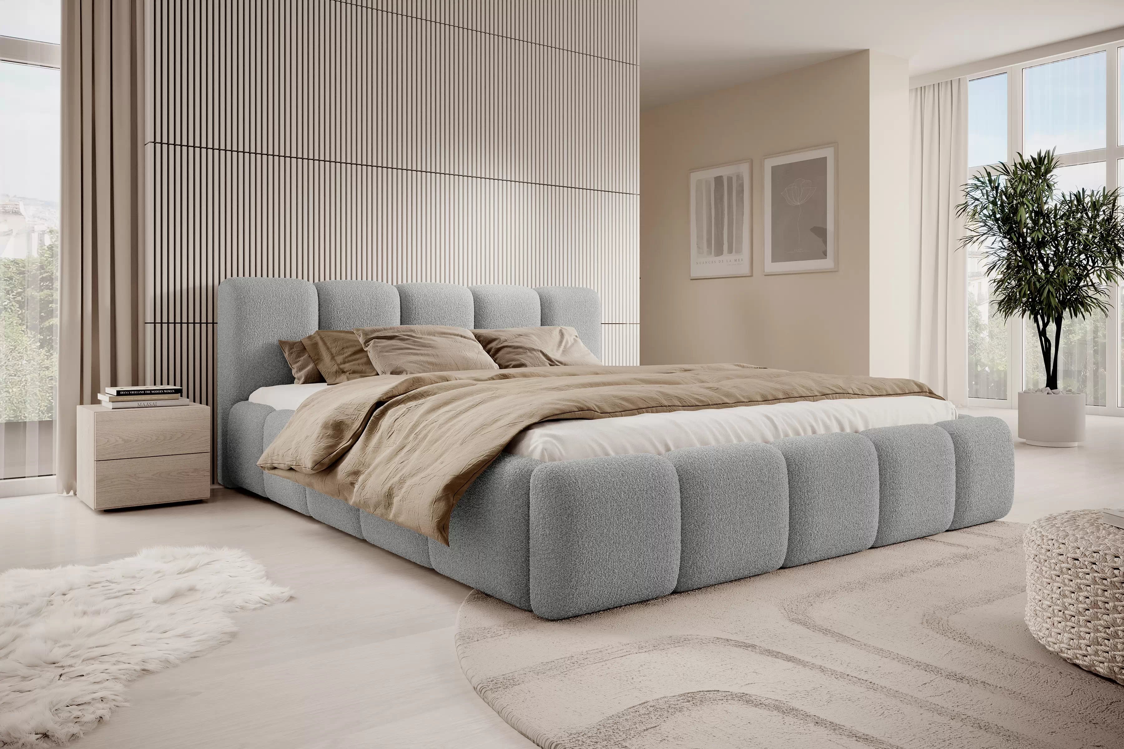 Čalouněná postel Tesia 180x200 s úložným prostorem - šedá bouclé Quelle 83 Postel čalouněné Tesia 180x200 s úložným prostorem- šedá bukla Quelle 83