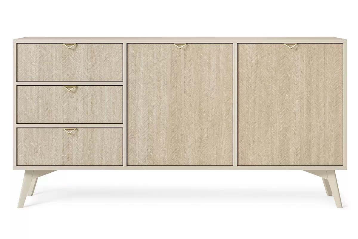 Komoda Lumira 158 cm se třemi zásuvkami - pískový / rybí kost skandi Komoda dvoudveřová se třemi  zásuvkami Lumira 158 cm - Pískový / jodelka skandi - přední část