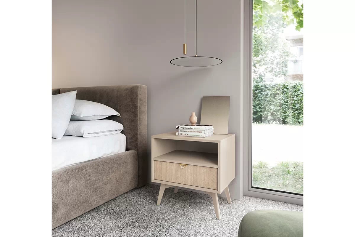 Nočný stolík a otvorenou policou Lumira - Pieskový / jedľa skandi Nočný Stolík z szuflada i wneka Lumira - Pieskový / jodelka skandi - vizualizácia