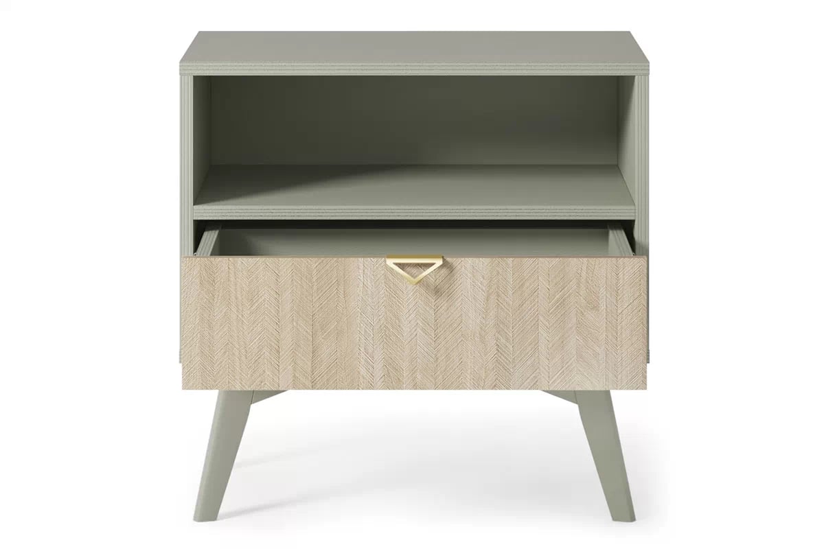 Noční stolek Lumira se zásuvkou a výklenkem - eukalyptus Noční stolek z szuflada i wneka Lumira - eukaliptus / jodelka skandi - wnetrze