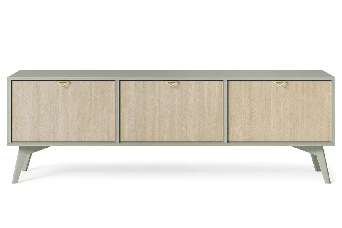 TV stolek Lumira 158 cm - eukalyptus / rybí kost skandi Skříňka RTV Lumira 158 cm - eukaliptus / jodelka skandi - přední část