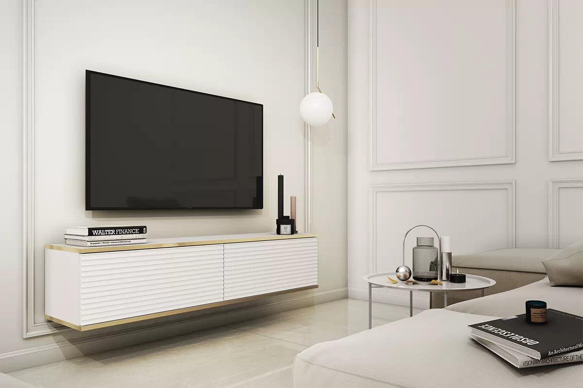 Závěsný TV stolek Lurona 135 cm s drážkováním - bílá závěsná Skříňka RTV Lurona 135 cm s frézovanými frontem MDF - Bílý - aranzacja