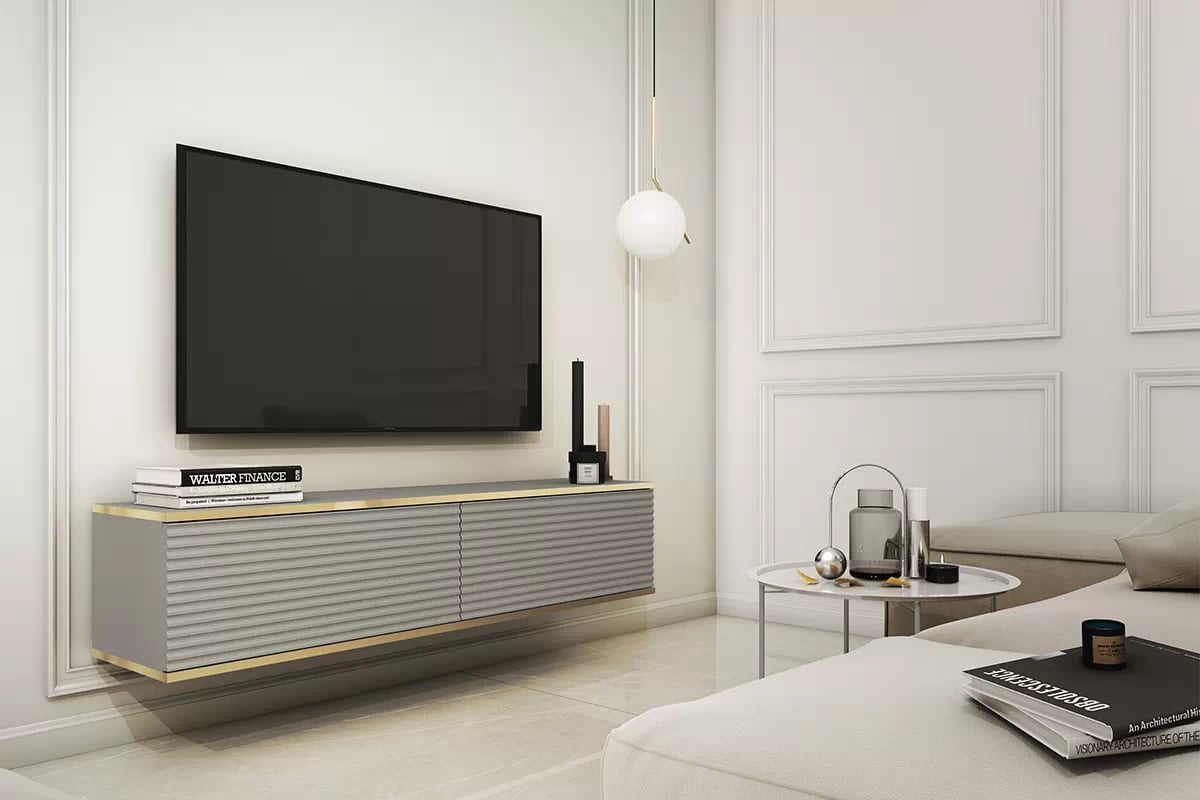 Závěsný TV stolek Lurona 135 cm s drážkováním - šedá závěsná Skříňka RTV Lurona 135 cm s frézovanými frontem MDF - šedý - aranzacja