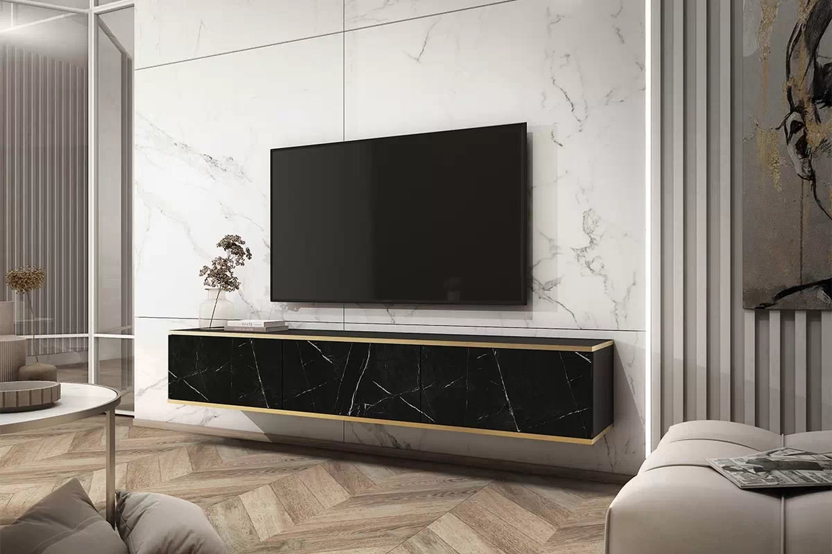 Závěsný TV stolek Lurona 175 cm - černý mramor závěsná Skříňka RTV Lurona 175 cm - Černý mramor - aranzacja
