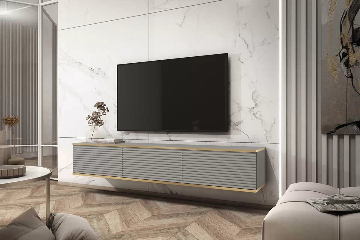 Závesný TV stolík Lurona 175 cm s frézovanými dvierkami - šedá závesná TV skrinka Lurona 175 cm s frézovaným frontom MDF - šedý - vizualizácia