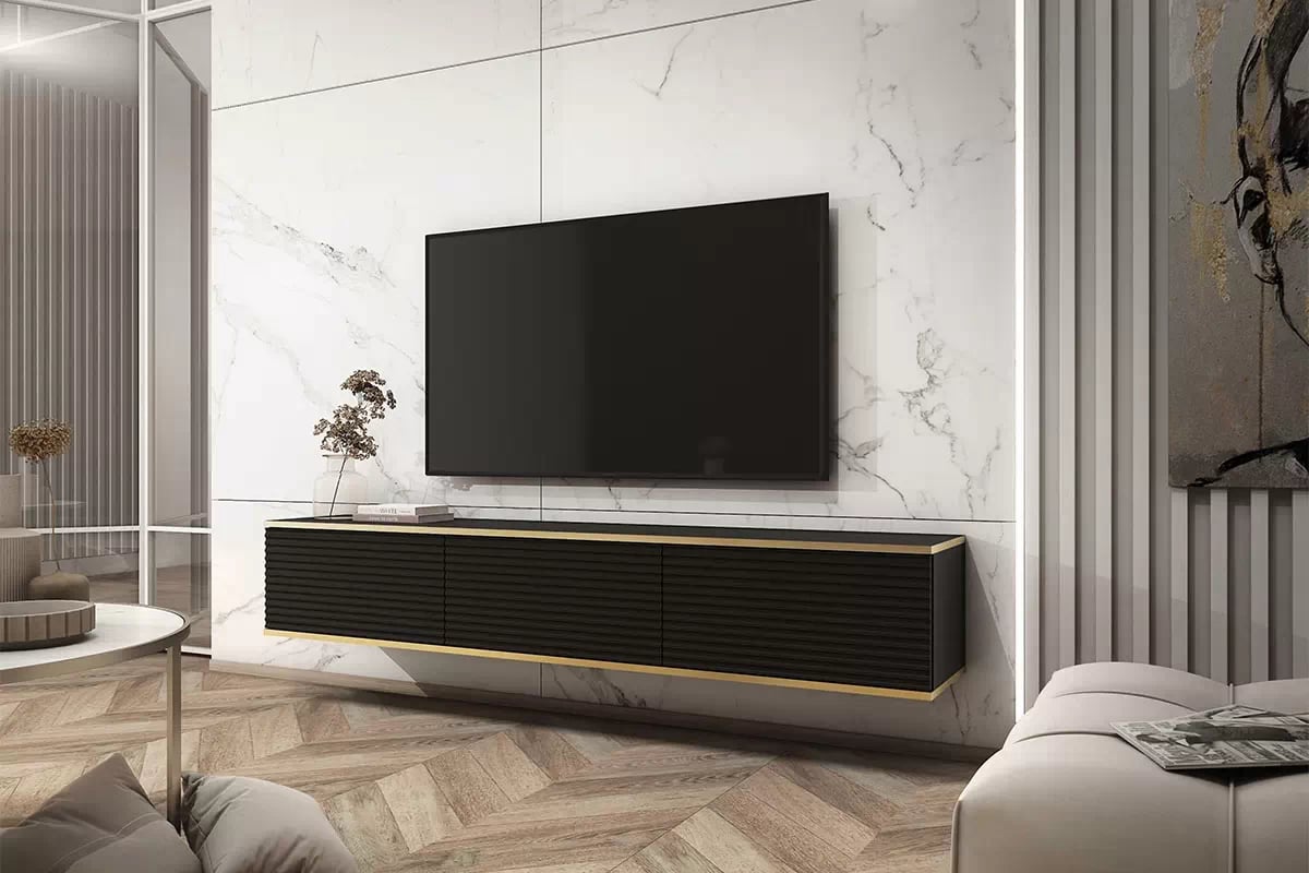 Závěsný TV stolek Lurona 175 cm s drážkováním - černá závěsná Skříňka RTV Lurona 175 cm s frézovanými frontem MDF - Černý - aranzacja