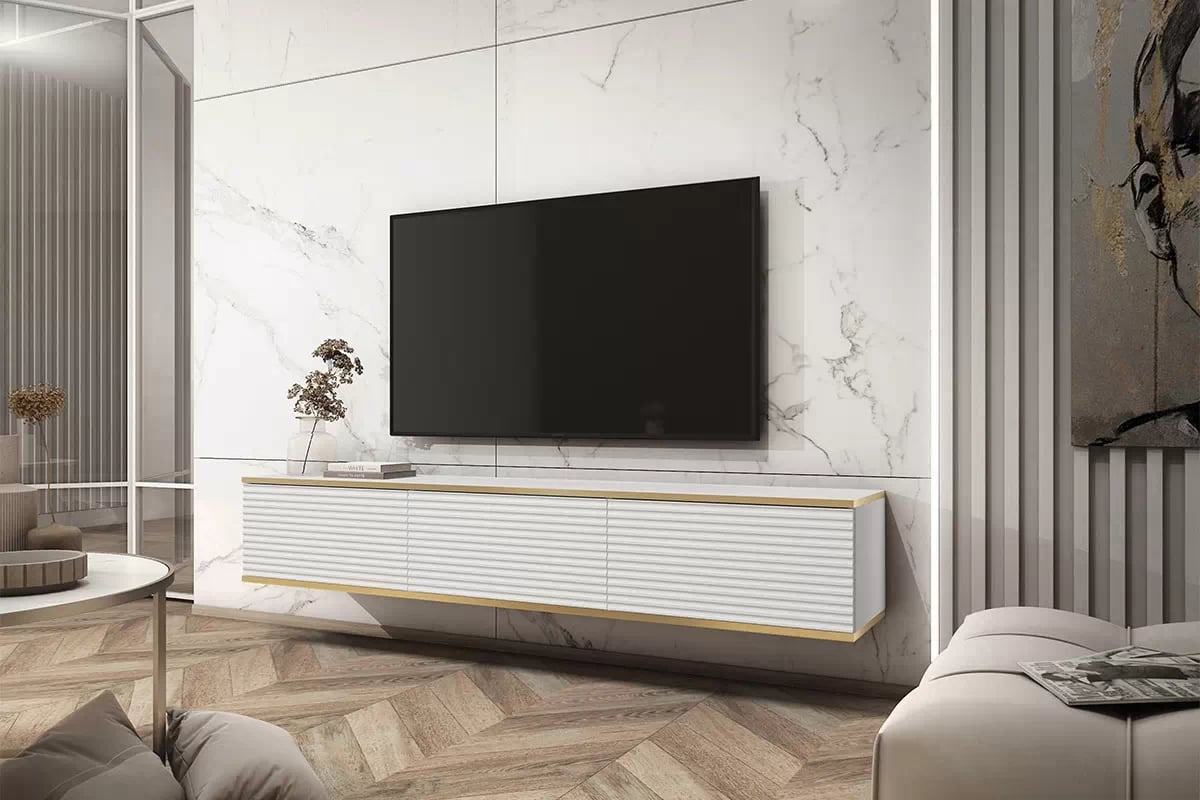 Závesný TV stolík Lurona 175 cm s frézovanými dvierkami - biela závesná TV skrinka Lurona 175 cm s frézovaným frontom MDF - Biely - vizualizácia