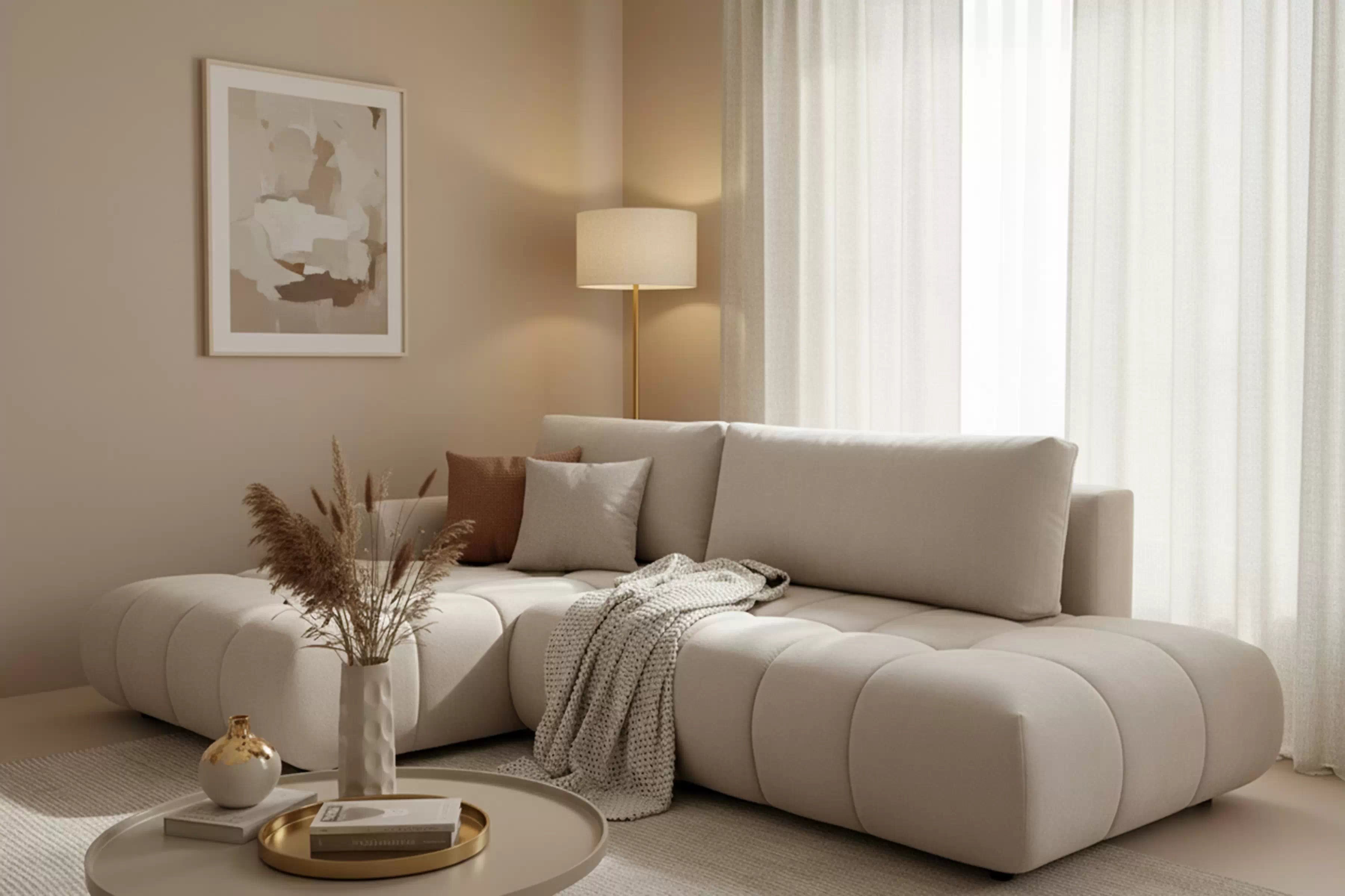 Rozkladacia rohová sedačka Lutario L II ľavá - béžová hydrofóbna pletenina Venice 2026 Rohová sedacia súprava Lutario L II s funkciou spánku Ľavá strana - Béžová plecionka hydrofobowa Venice 2026