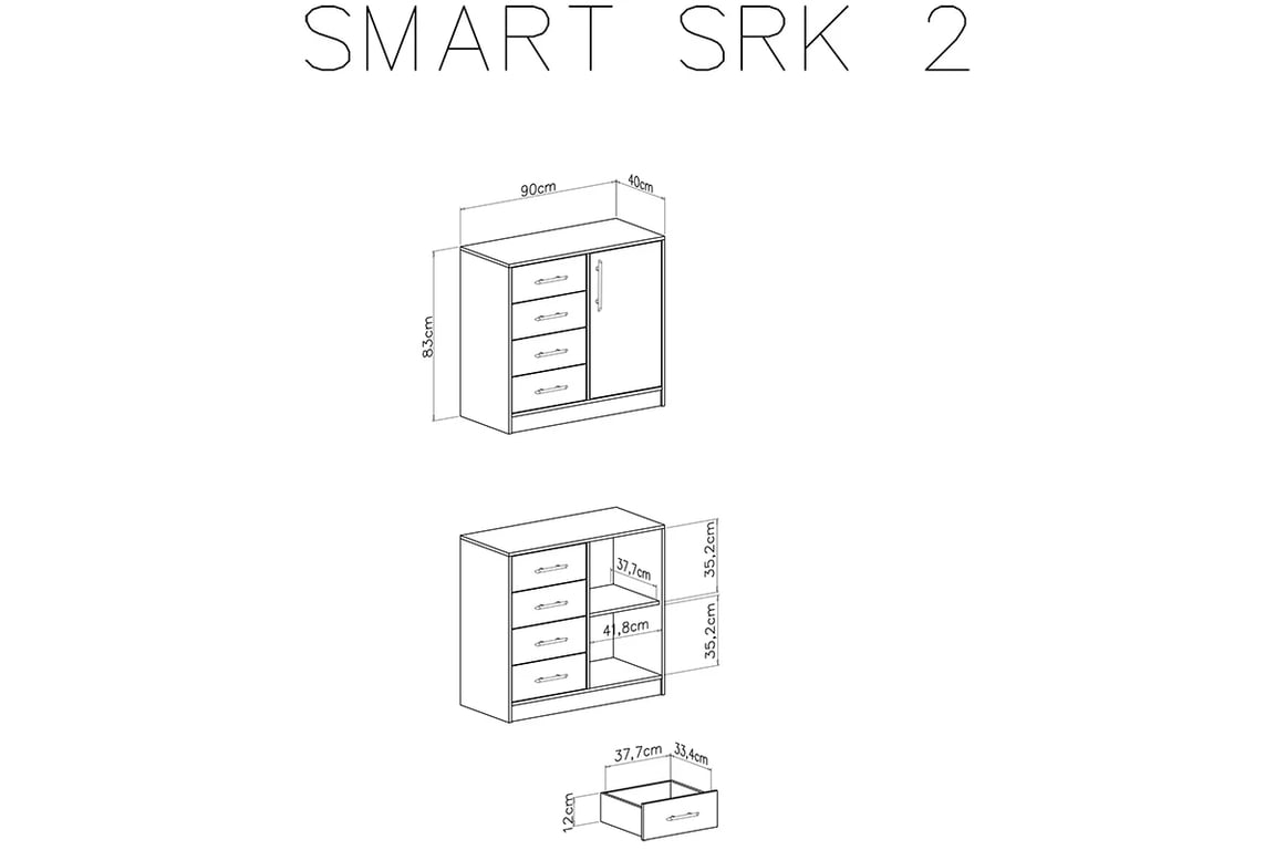 Komoda Smart SRK2 Mala Komoda jednodveřová se čtyřmi zásuvkami Smart SRK2 - Bílý lux / Dub sonoma - schemat