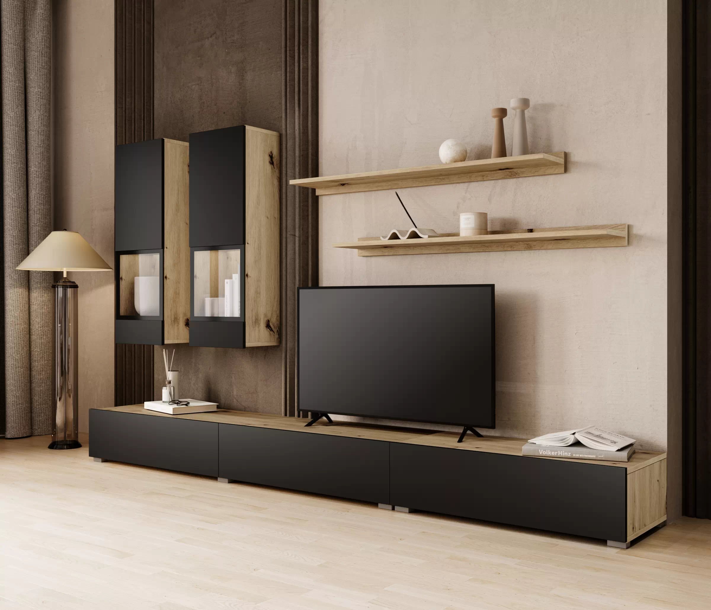 Obývacia stena Baros 10 - dub artisan / čierny mat Obývacia stena do obývacej izby Baros 10 - Dub artisan / Čierny mat