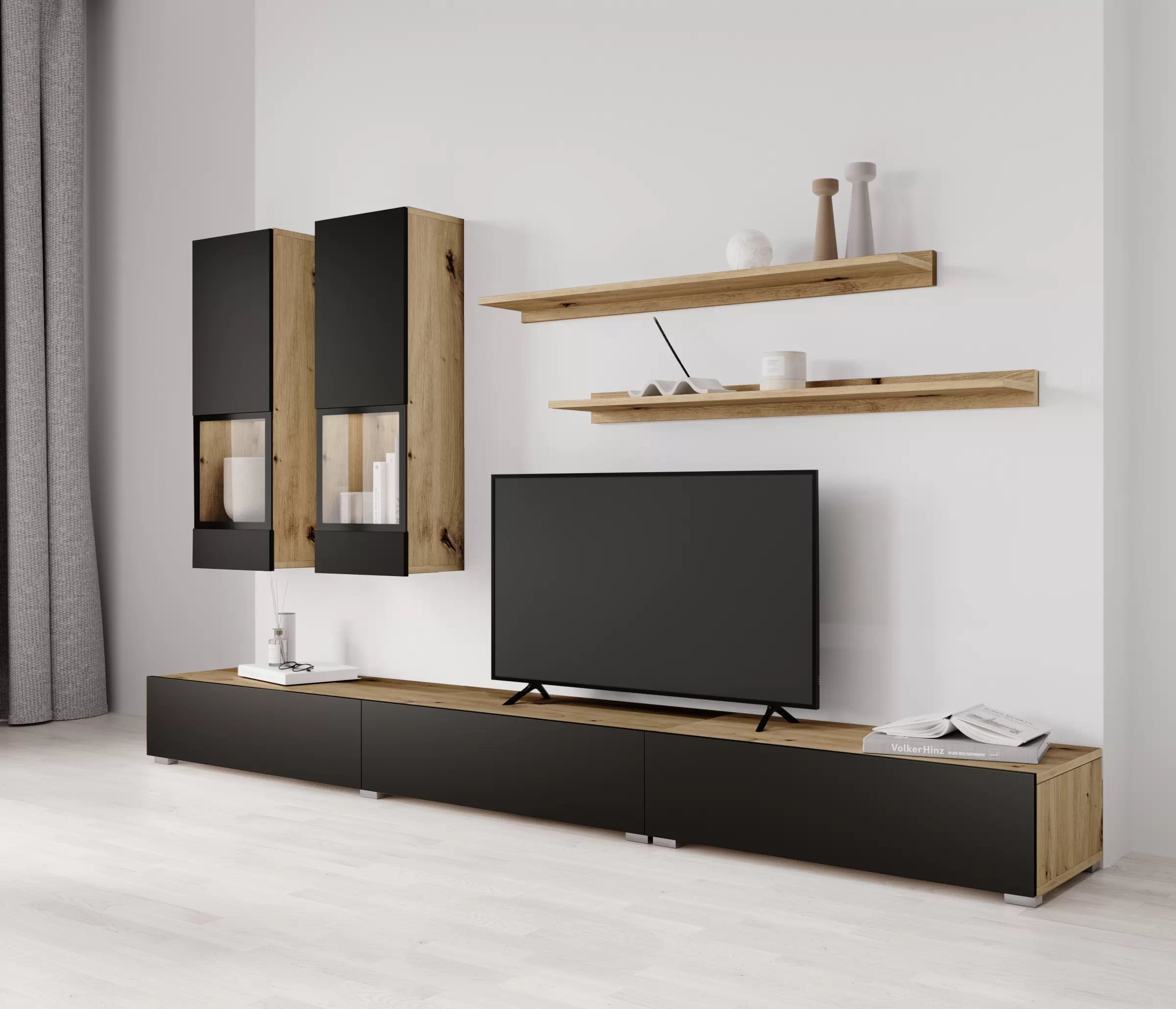 Obývacia stena Baros 10 - dub artisan / čierny mat Obývacia stena do obývacej izby Baros 10 - Dub artisan / Čierny mat