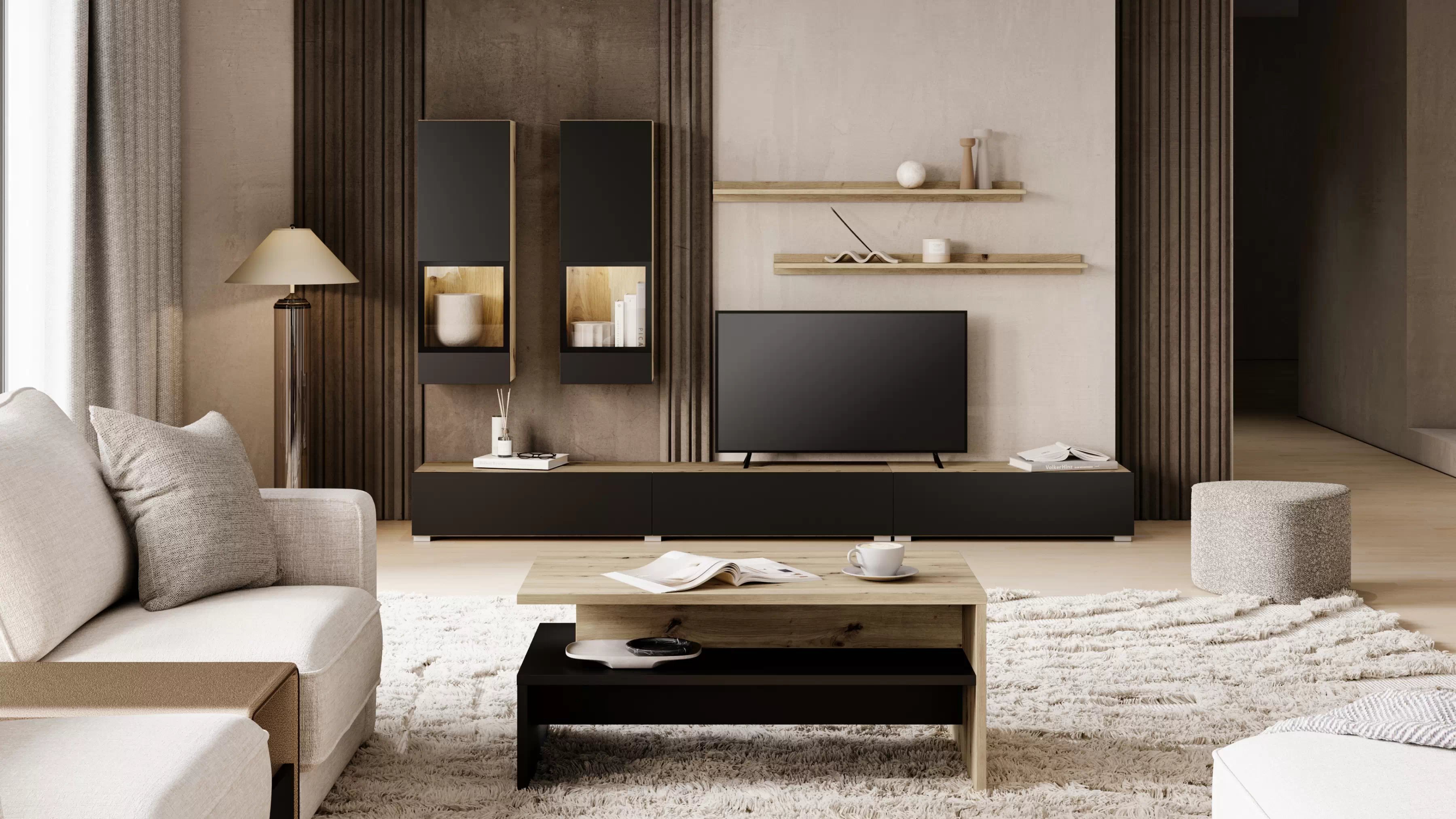 Obývacia stena Baros 10 - dub artisan / čierny mat Obývacia stena do obývacej izby Baros 10 - Dub artisan / Čierny mat