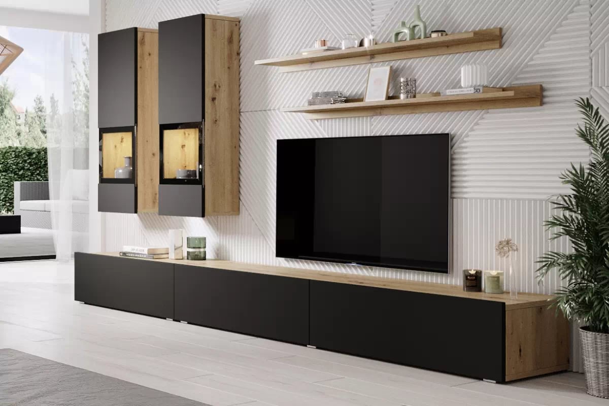 Obývacia stena Baros 10 - dub artisan / čierny mat Obývacia stena do obývacej izby Baros 10 - Dub artisan / Čierny mat